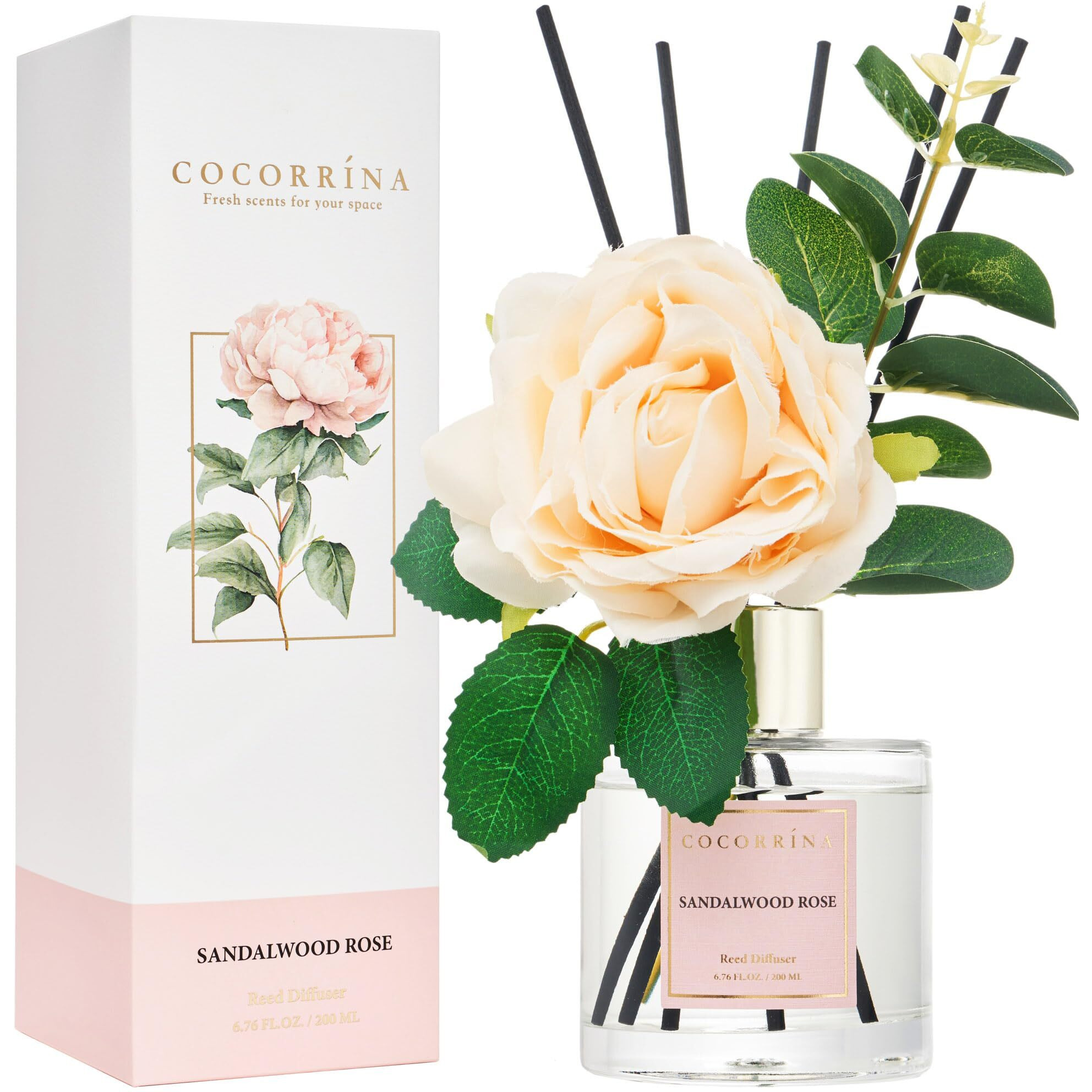 Cocorrina Reed Diffuser Set, Flower Reed Diffuser Sandalwood Rose 6.7 Oz, Scented Diffuser With Sticks Home Fragrance Essential Oil For Bathroom Shelf Decor, Living Room, Large Room, 1Pack