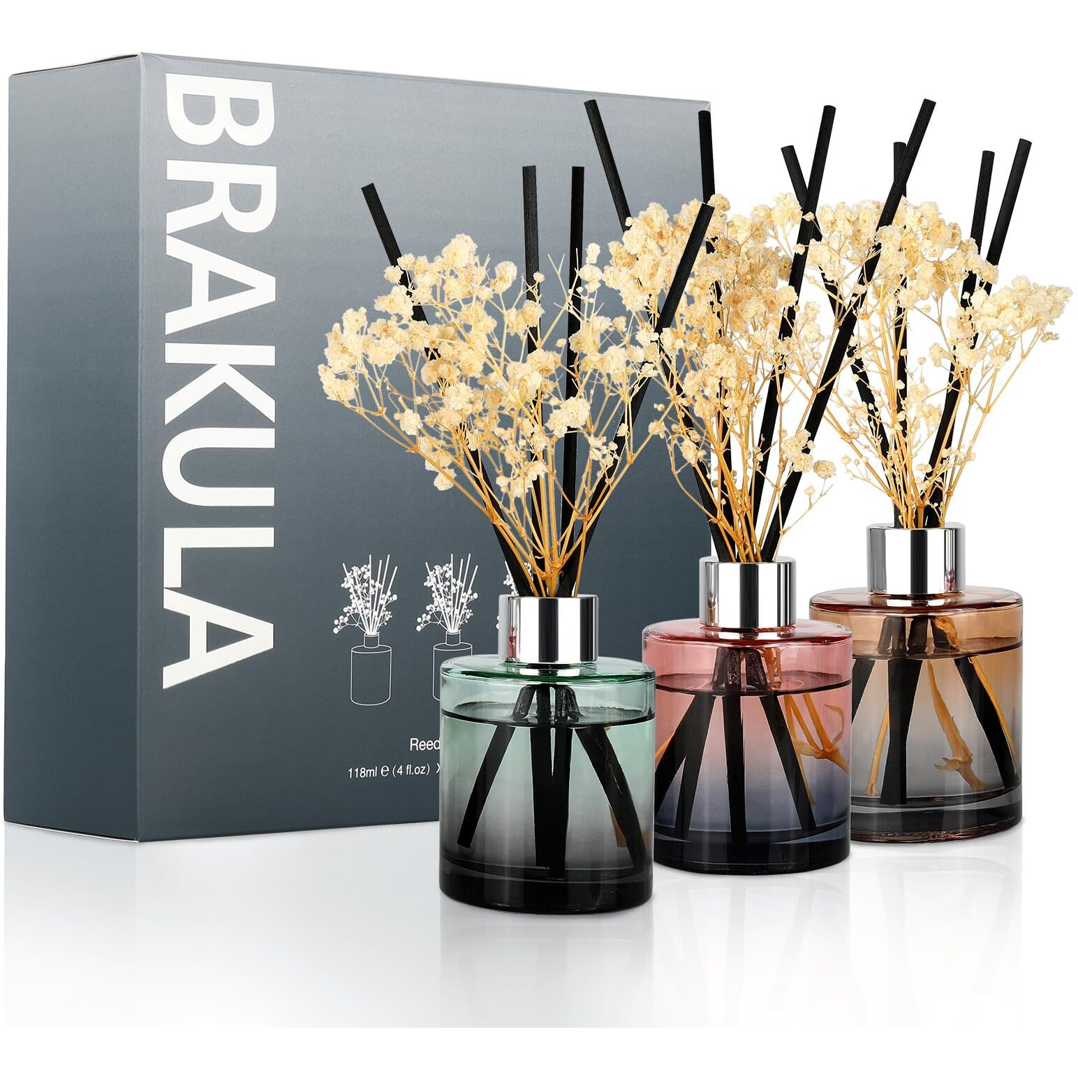 Brakula 3 Pack Reed Diffuser, Oil Diffuser Sticks, Fresh Linen, Eucalyptus&Wild Mint, Lavender Vanilla (4 Fl Oz Each Pack), Home Fragrance With 18 Sticks, Home Decor, Reed Diffusers For Home