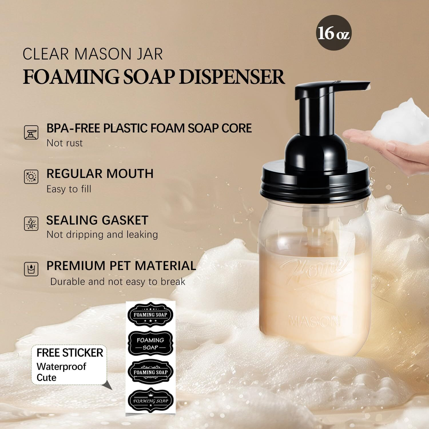 Amolliar Plastic Mason Jar Foaming Soap Dispenser With Pump Lid,16Oz Refillable Hand Soap Dispenser Set With Cute Lables - Farmhouse Decor For Kitchen/Bathroom, Lotion Liquid Dish Soap (2 Pack, Black)