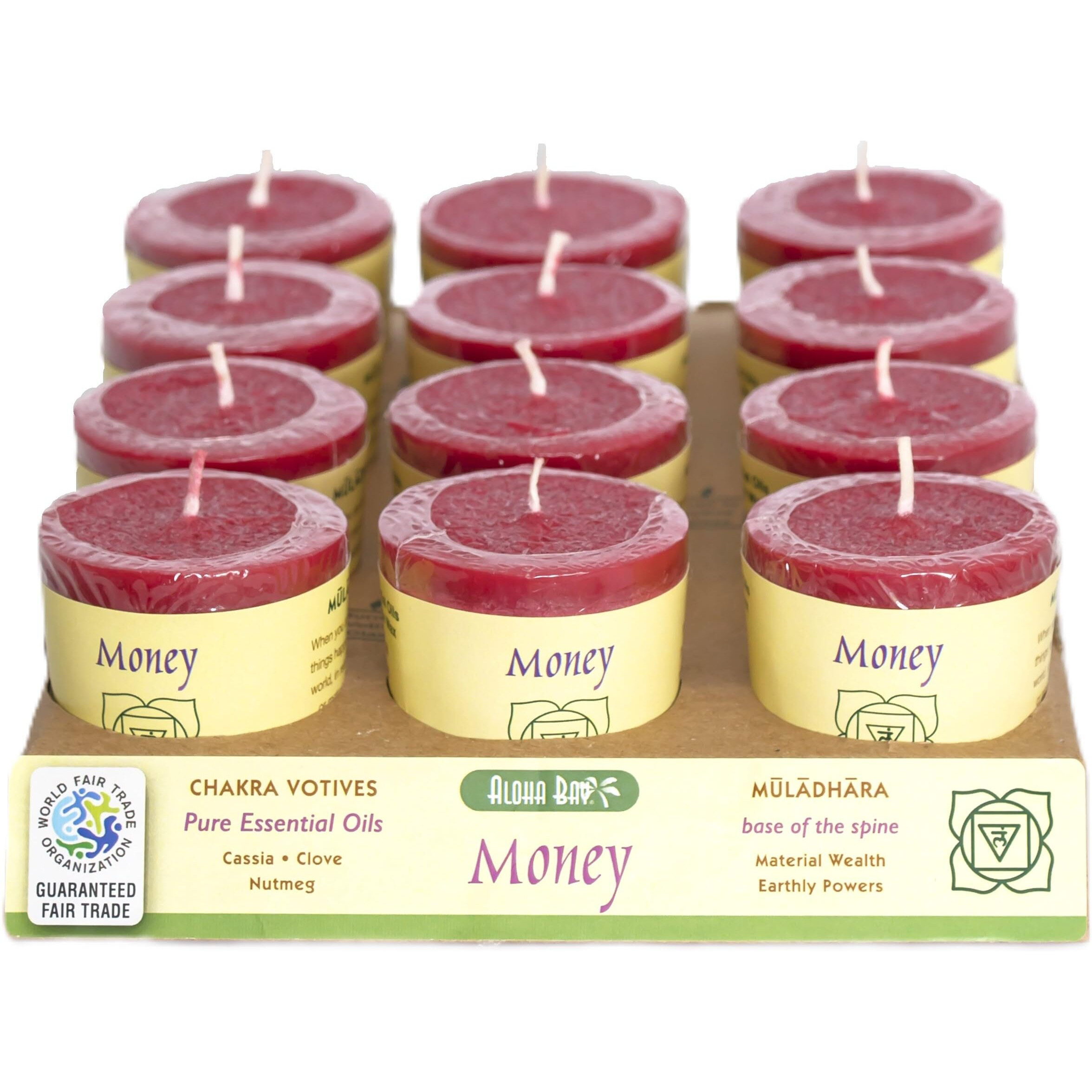 Premium Scented Hand Made Chakra Energy Candle | Votive 12-Pack |Money, Muladhara| Yoga, Prayer & Meditation Candle | Long Burn |Essential Oils Of Cassia, Clove & Nutmeg | Aloha Bay