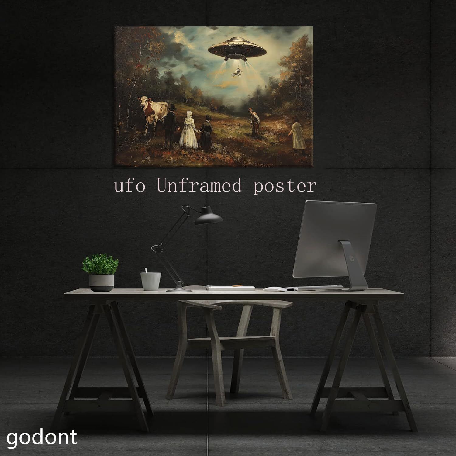 Godont Ufo And Victorian Landscape Oil Painting Art Print Psychedelic Spaceship Poster Painting Interesting Whimsical Alien Abduction Wall Decor 16X24 Inch Unframed