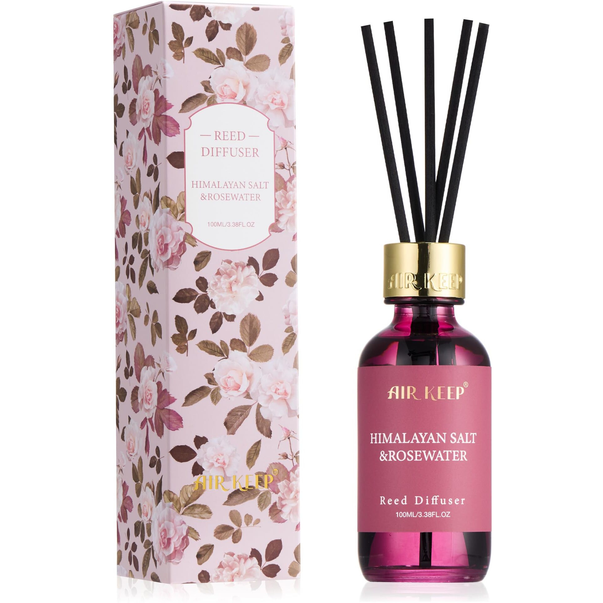 Airkeep Reed Diffuser Set, 3.38 Fl Oz (100 Ml) - Rose Oil Diffusers With 8 Reed Sticks, Home Fragrance Reed Diffuser For Bathroom Shelf Decor