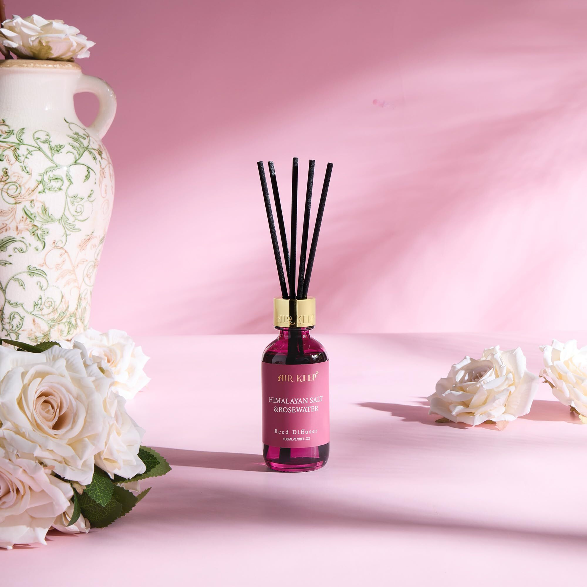 Airkeep Reed Diffuser Set, 3.38 Fl Oz (100 Ml) - Rose Oil Diffusers With 8 Reed Sticks, Home Fragrance Reed Diffuser For Bathroom Shelf Decor
