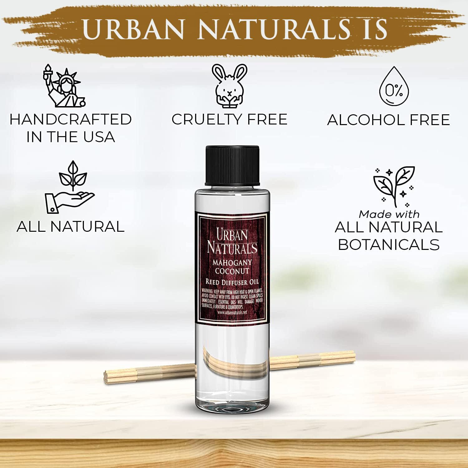 Urban Naturals Reed Diffuser Oil Refill, Mahogany Coconut Diffuser Oils With Sandalwood, Coconut, Oakmoss, 4 Oz + Free Reed Sticks, Made In The Usa