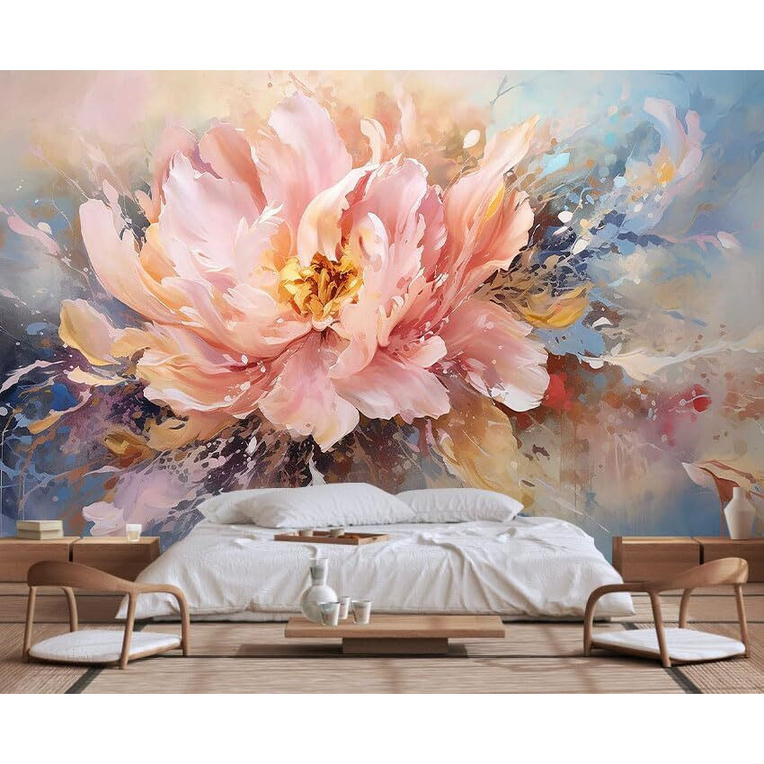 Wmjurel Pink Peony Background Oil Painting Floral Texture Mural, Modern Wallpaper, Large Wall Background Painting(Non-Self-Adhesive)