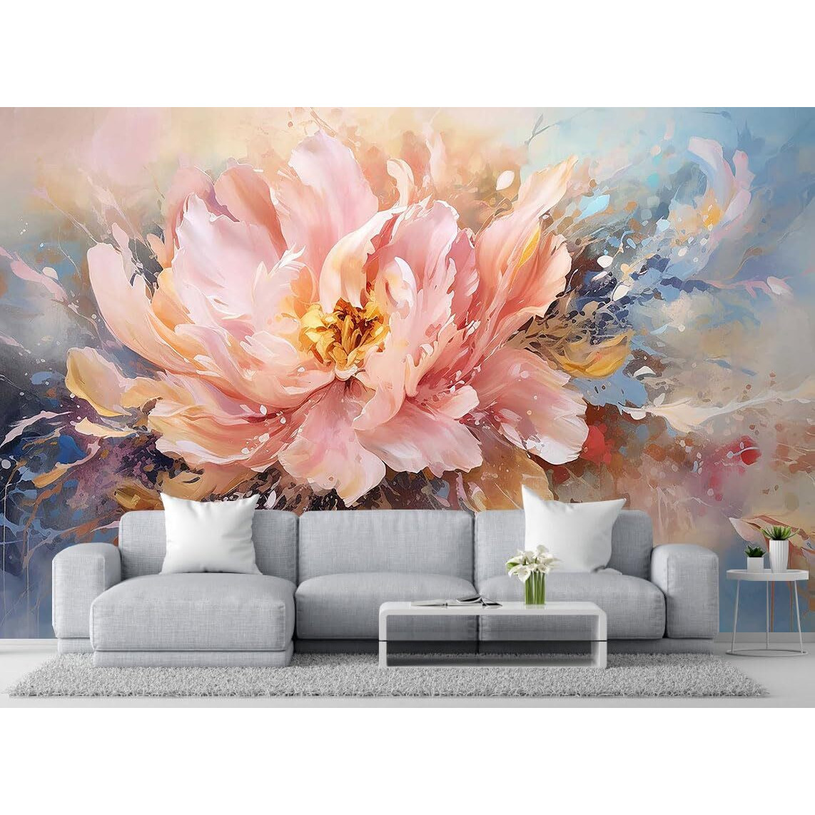 Wmjurel Pink Peony Background Oil Painting Floral Texture Mural, Modern Wallpaper, Large Wall Background Painting(Non-Self-Adhesive)
