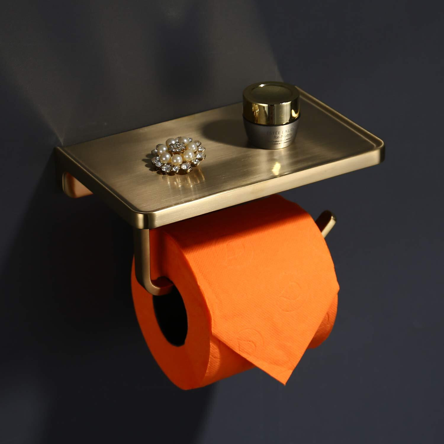 Trustmi Toilet Paper Holder With Phone Shelf, Bathroom Accessories Tissue Roll Dispenser Storage Wall Mounted, Brushed Gold