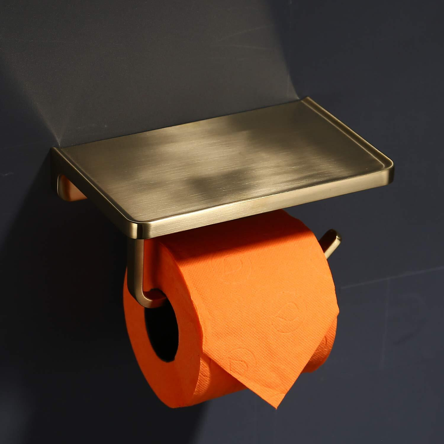 Trustmi Toilet Paper Holder With Phone Shelf, Bathroom Accessories Tissue Roll Dispenser Storage Wall Mounted, Brushed Gold