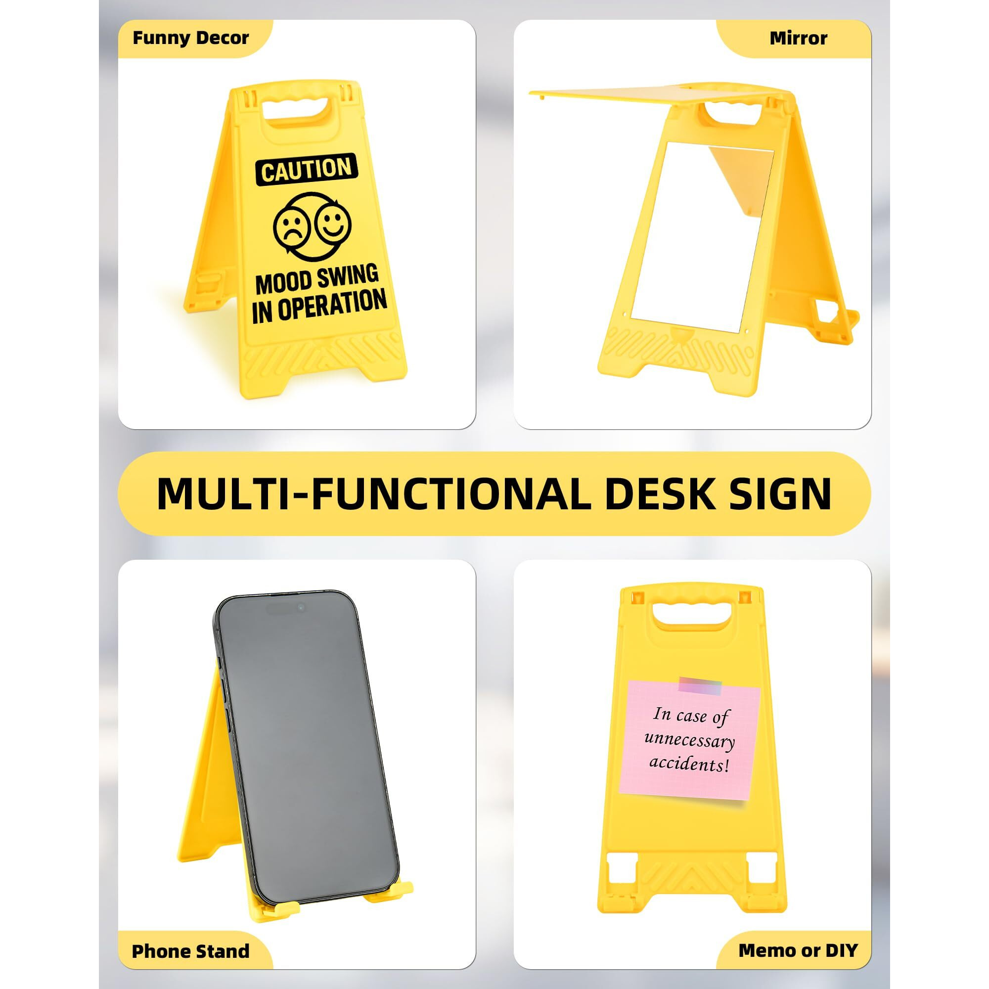 Exuberium Caution Funny Office Desk Decor Sign Gag Gifts For Women Coworkers Caution Mood Swing In Operation Sarcastic Desk Decor Multi-Functional Phone Holder Mirror Table Sign White Elephant Gifts