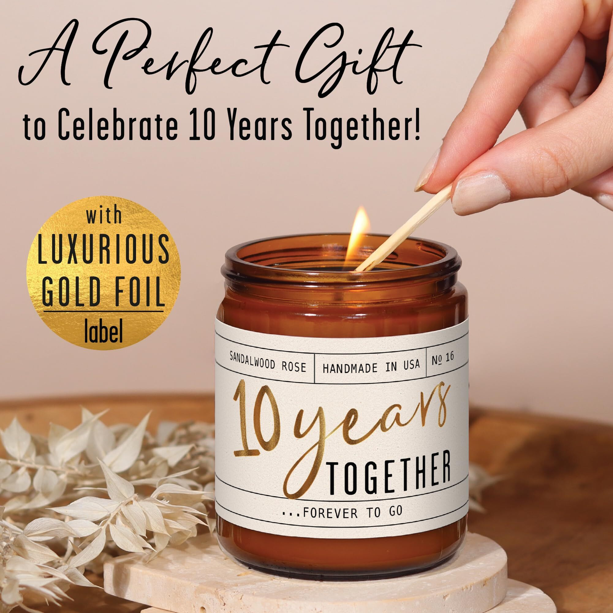10 Year Anniversary Gifts For Wife - '10 Years Together' Candle, W/Sandalwood Rose - Infused W/Essential Oils I 10Th Anniversary Gifts For Her I 50Hr Burn, Made In Usa
