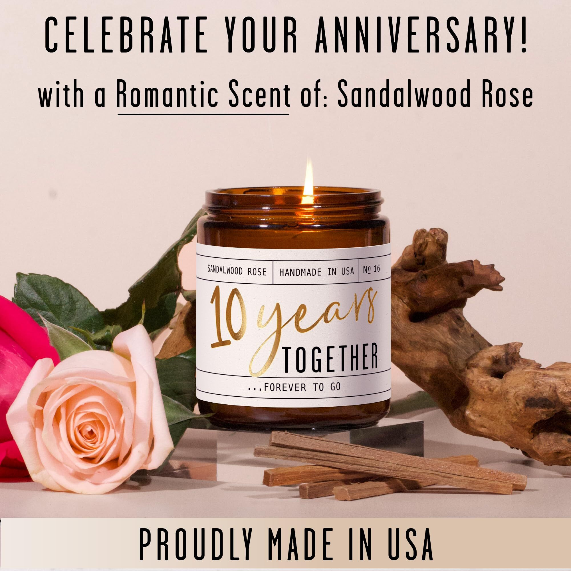 10 Year Anniversary Gifts For Wife - '10 Years Together' Candle, W/Sandalwood Rose - Infused W/Essential Oils I 10Th Anniversary Gifts For Her I 50Hr Burn, Made In Usa