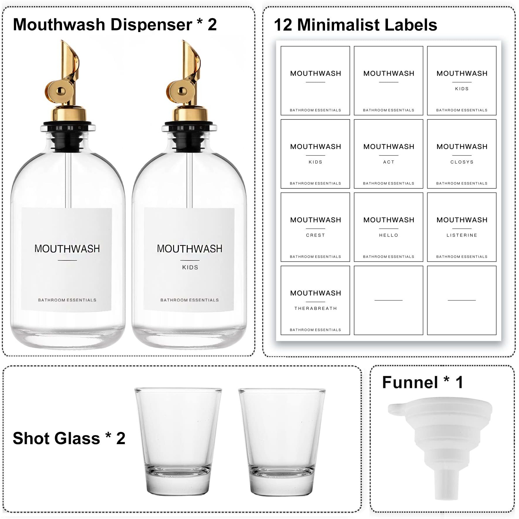Homefeel Mouthwash Dispenser For Bathroom, 12.7 Oz, 2 Pack - Glass Mouthwash Bottle With 304 Stainless Steel Spout & Minimalist Labels, Style Mouthwash Container, Gold