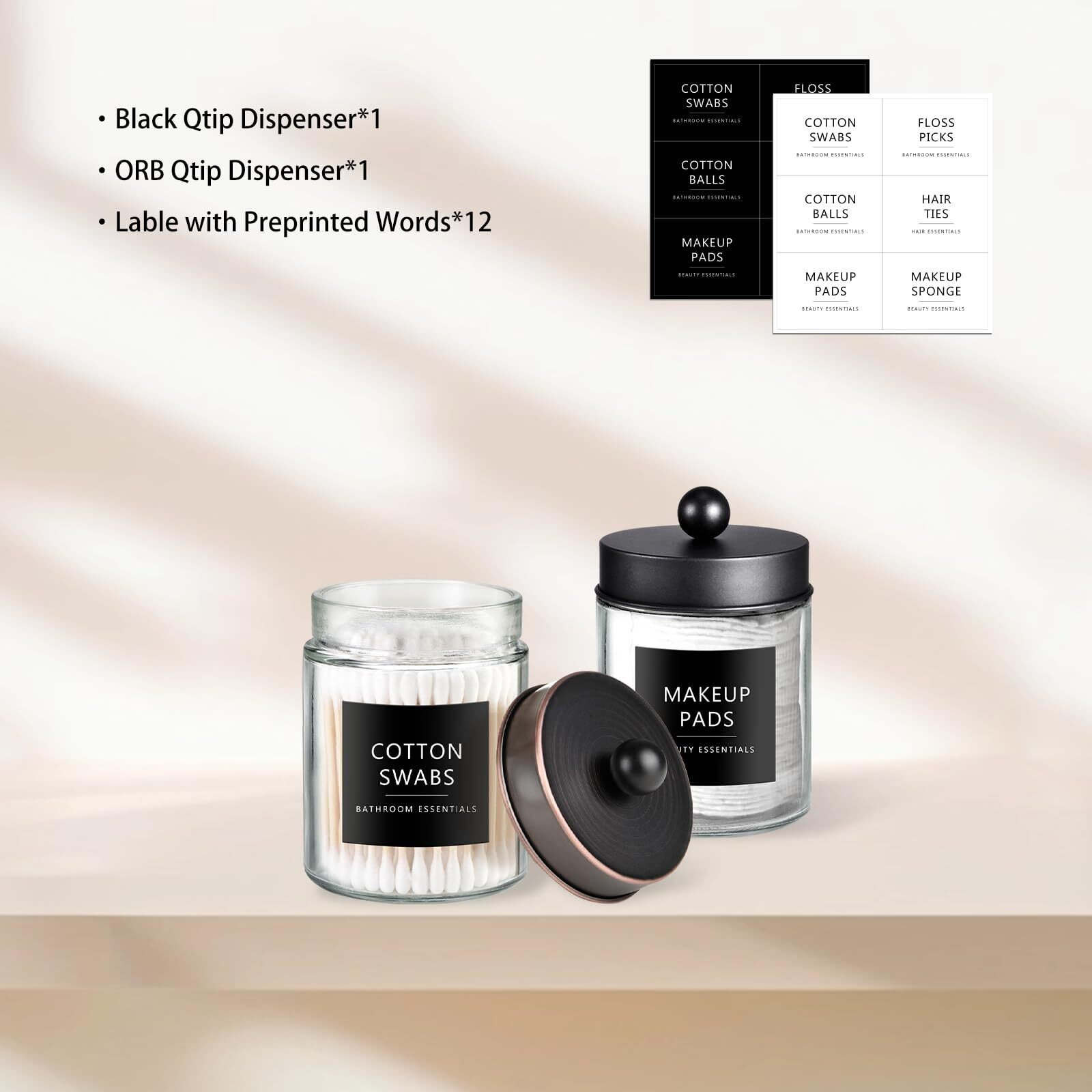 Sheechung Qtip Holder Dispenser For Bathroom Vanity Organizer And Farmhouse Decor - Glass Apothecary Jar With Stainless Steel Lid And Stickers,Countertop Storage Canister(Black&Oil Rubbed Bronze)