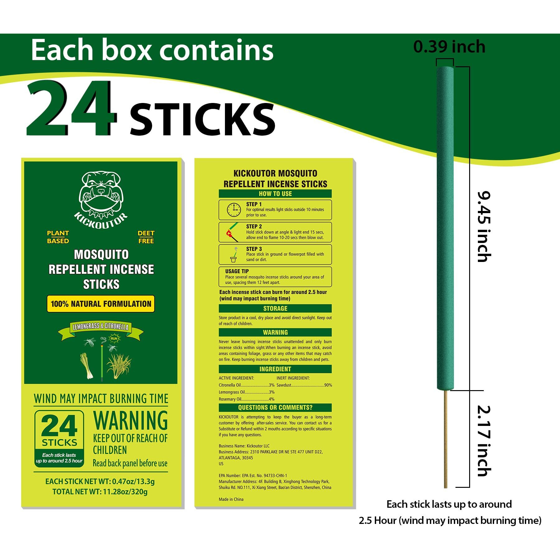 Kickoutor Mosquito Repellent Outdoor Patio 24 Pcs Natural Citronella Incense Sticks Deet Free Lemongrass Oil Gnat Mosquito Control For Indoor Backyard Travel Camping