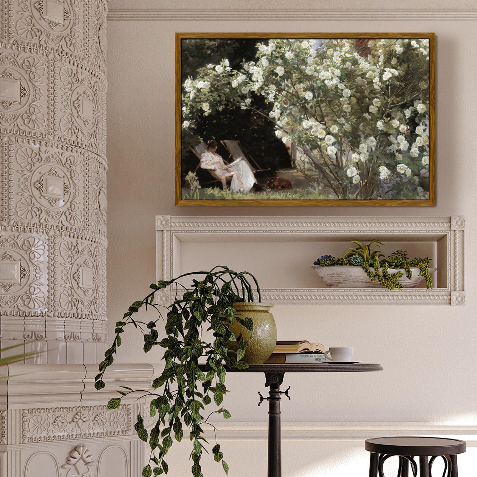 Crmotu Vintage Framed Wall Art, Garden Women Canvas Art Prints, Rose Floral Classical Oil Paintings, Green Landscape Rustic Farmhouse Wall Decor Living Room Bedroom Bathroom Aesthetic Pictures 20X30In