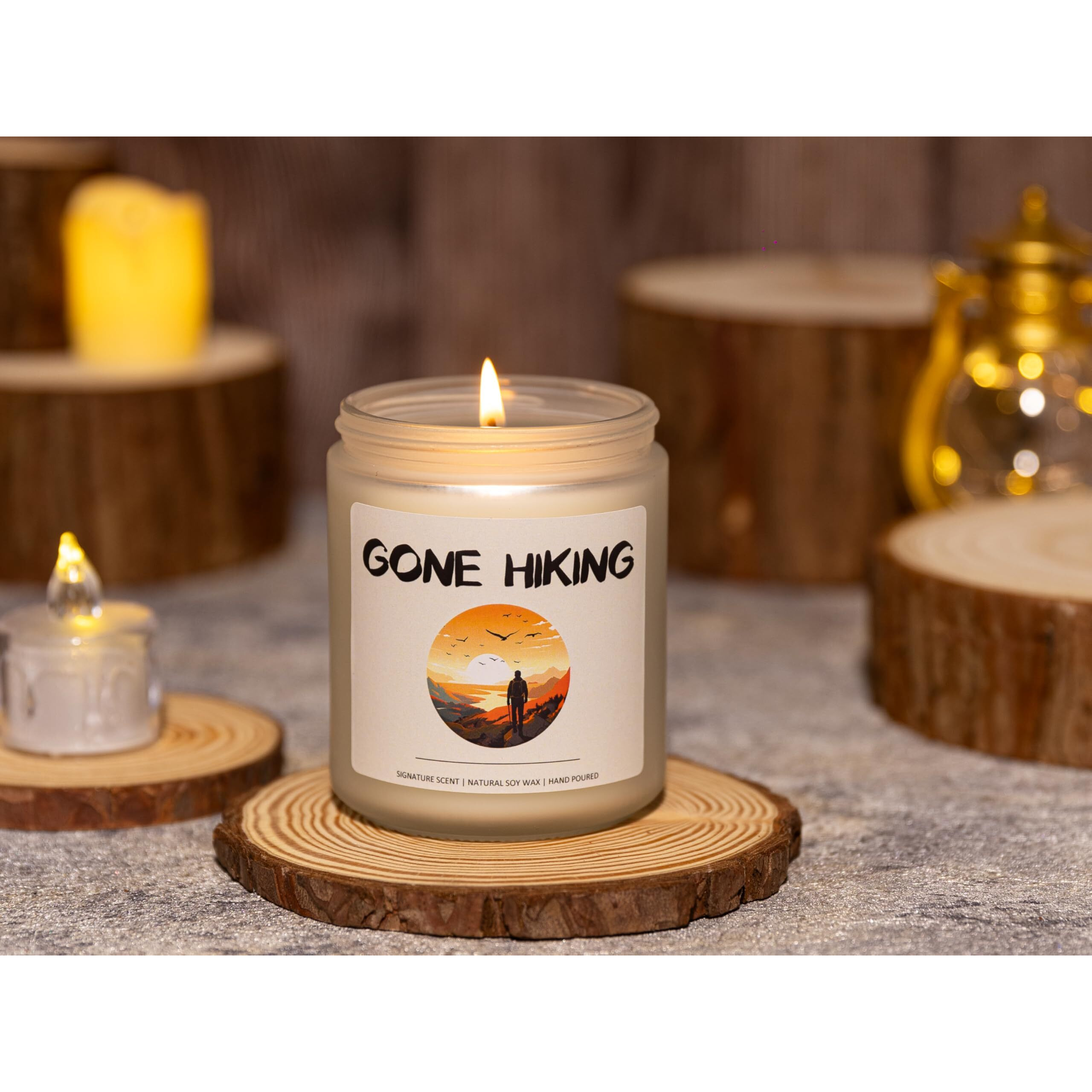 Hiking Gifts, Unique Hiker Gifts For Men & Women, Gift For Hiker, Hiking Gift Ideas, Gone Hiking Candle - Sandalwood Scented Candle, Crafted By Natural Soy Wax & Natural Essential Oils, 7Oz
