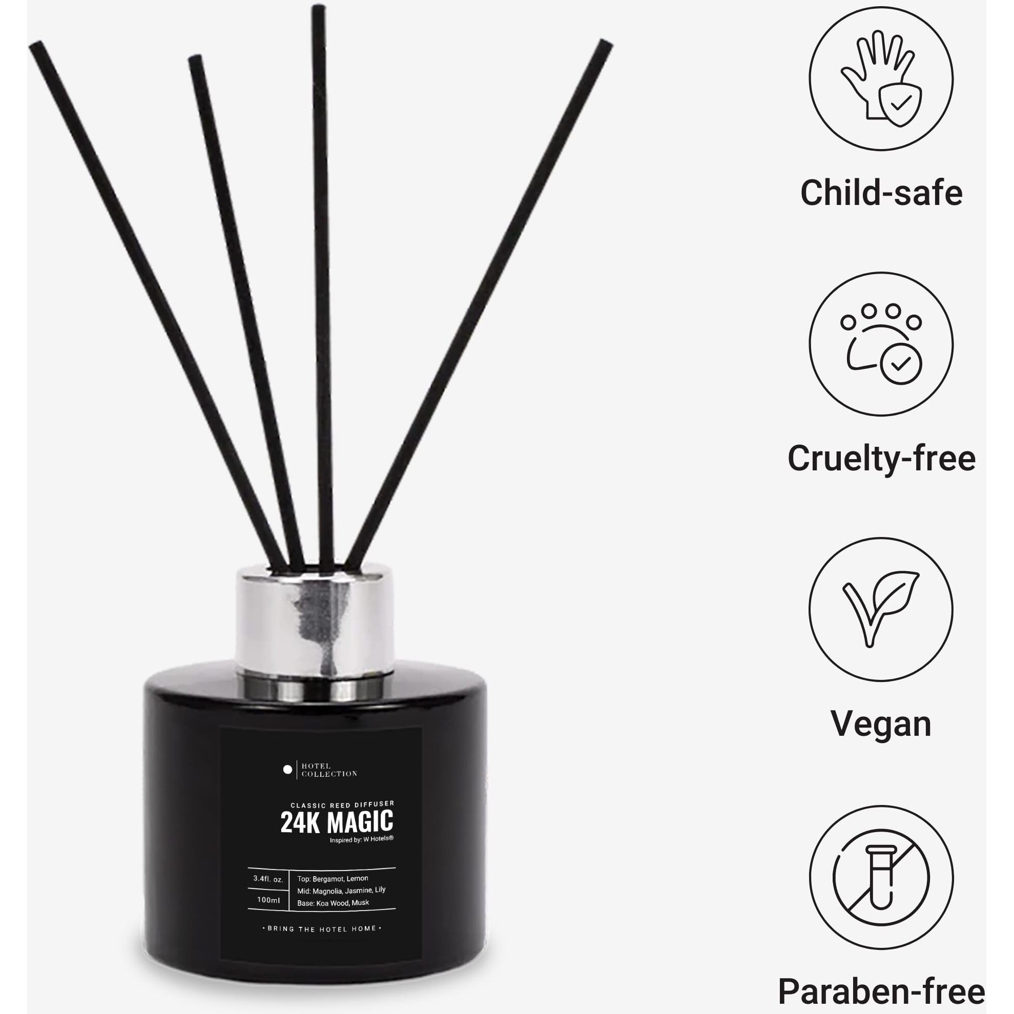 Hotel Collection - 24K Magic - Reed Diffuser Set - Luxury Aromatherapy - Lemon, Bergamot, Black Fig, Cedarwood, Amber, Musk & Blonde Woods - Essential Oil Diffusers - Shelf Decor - 100Ml/3.5 Fl Oz