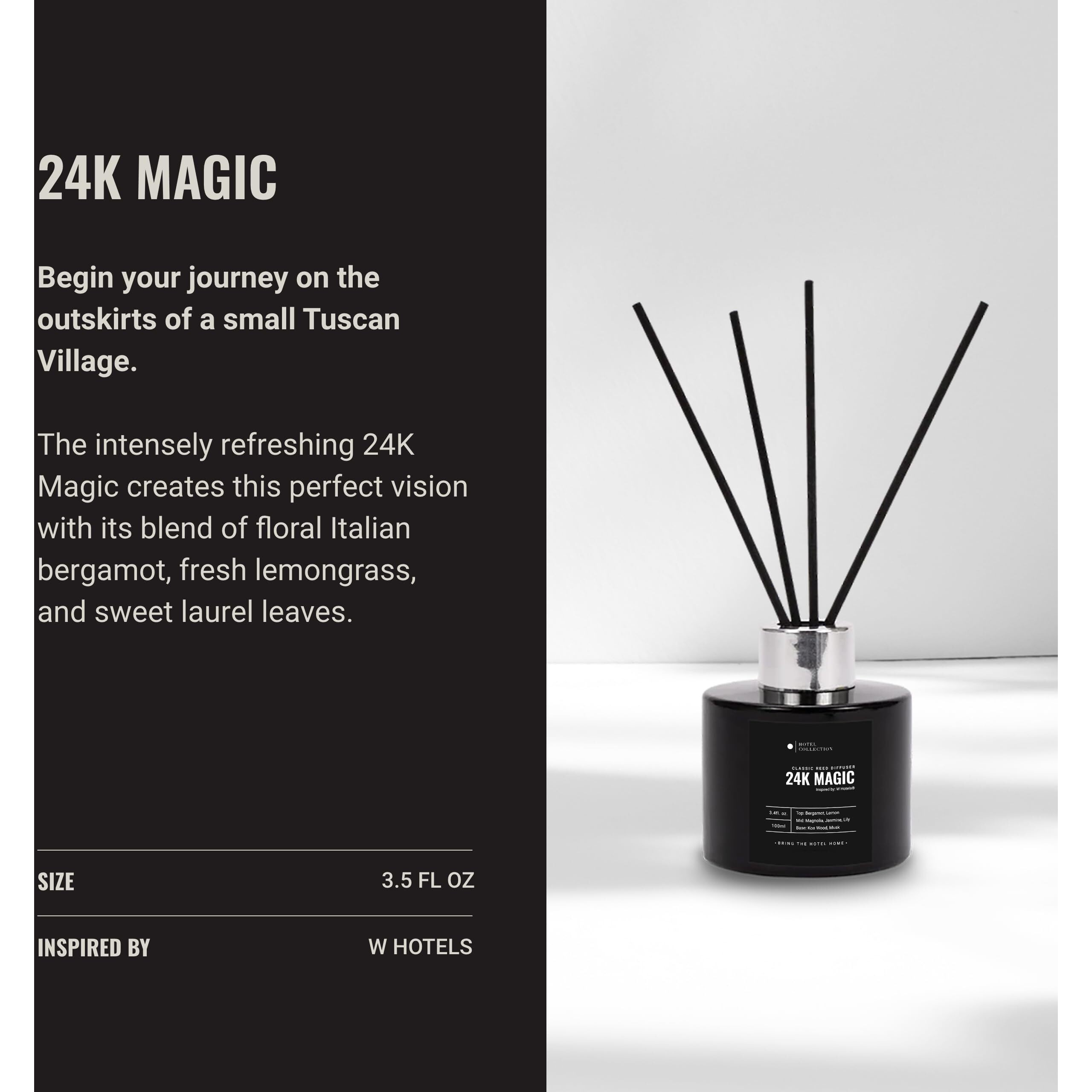 Hotel Collection - 24K Magic - Reed Diffuser Set - Luxury Aromatherapy - Lemon, Bergamot, Black Fig, Cedarwood, Amber, Musk & Blonde Woods - Essential Oil Diffusers - Shelf Decor - 100Ml/3.5 Fl Oz