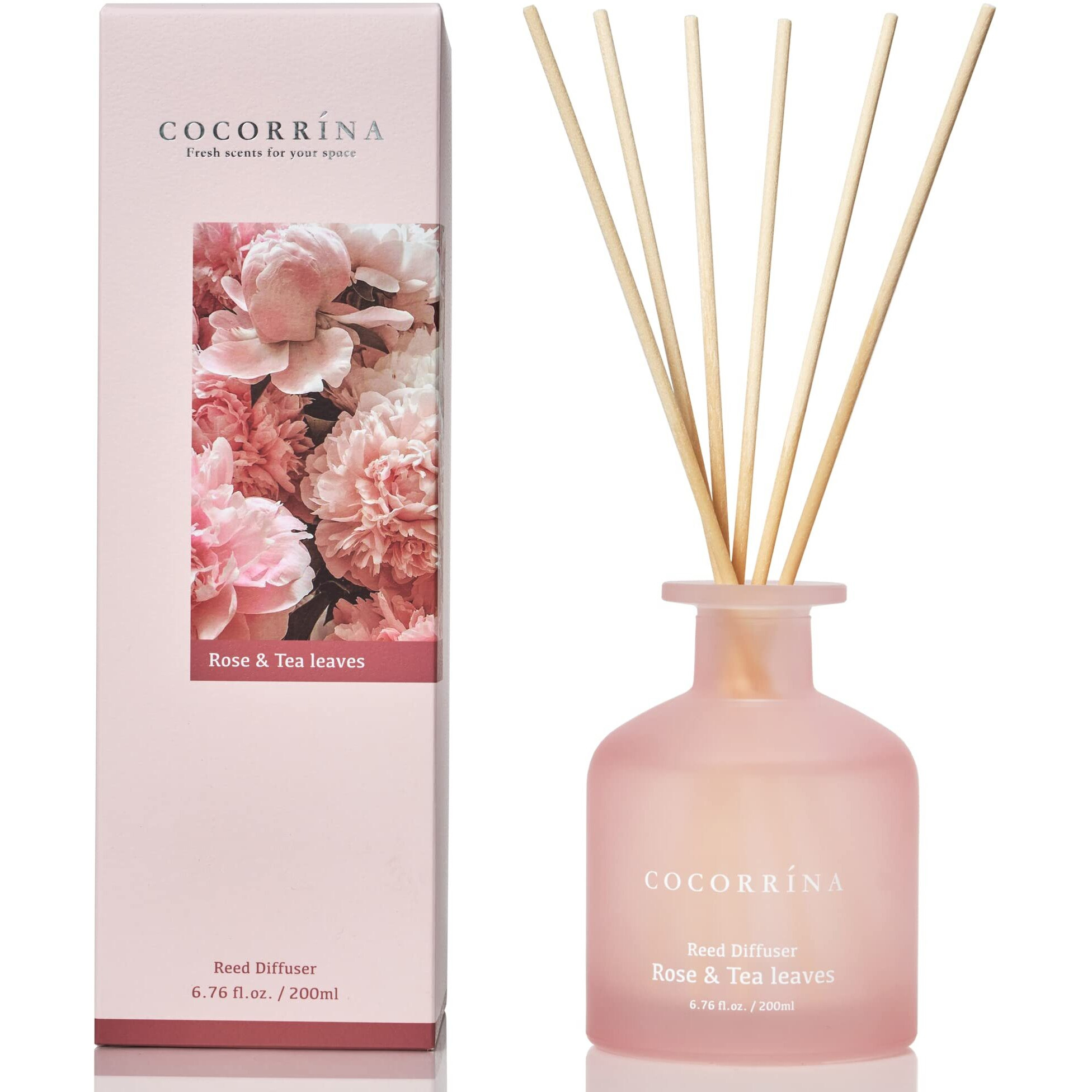 Cocorr  Na Reed Diffuser - Rose & Tea Leaves 6.76Oz Diffuser With Sticks Home Fragrance Essential Oil Reed Diffuser For Home Bedroom Bathroom Shelf Decor Office Decor (Summer Collection)