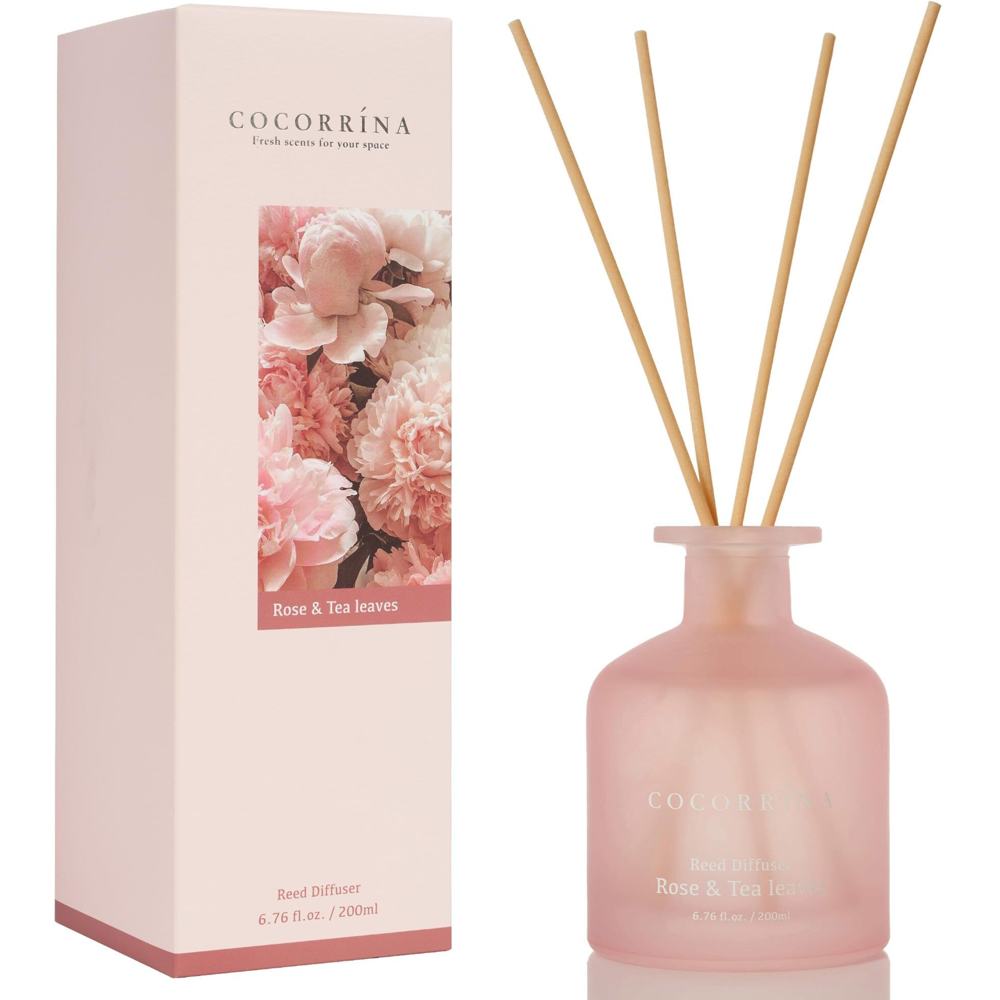 Cocorr  Na Reed Diffuser - Rose & Tea Leaves 6.76Oz Diffuser With Sticks Home Fragrance Essential Oil Reed Diffuser For Home Bedroom Bathroom Shelf Decor Office Decor (Summer Collection)