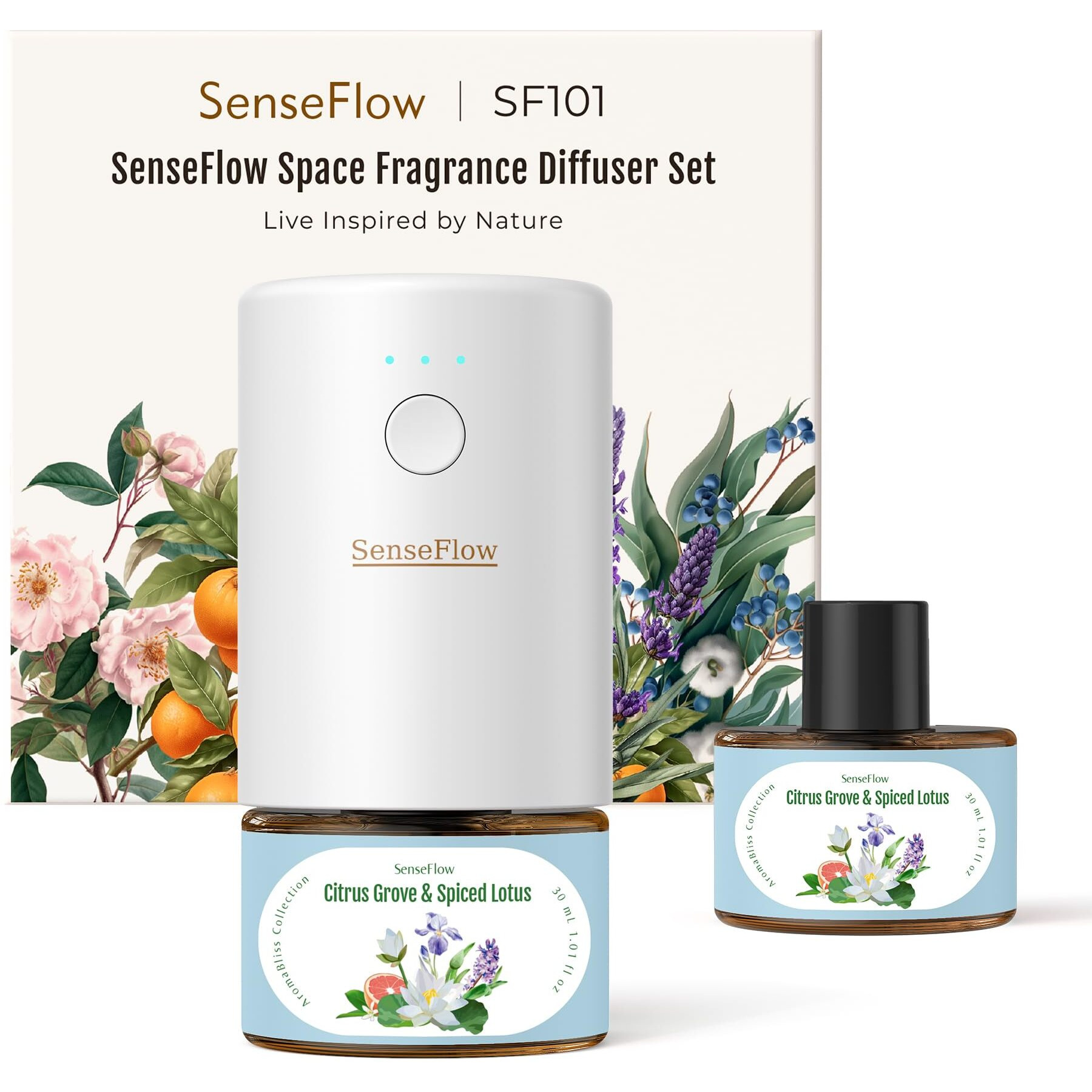 Senseflow Sf101 Waterless Ultrasonic Essential Oil Diffuser-100% Plant-Based,120-Day Natural Air Freshener & Aromatherapy Diffuser For Home,Hotel,Studio-Covers Up To 100-Citrus Grove & Spiced Lotus