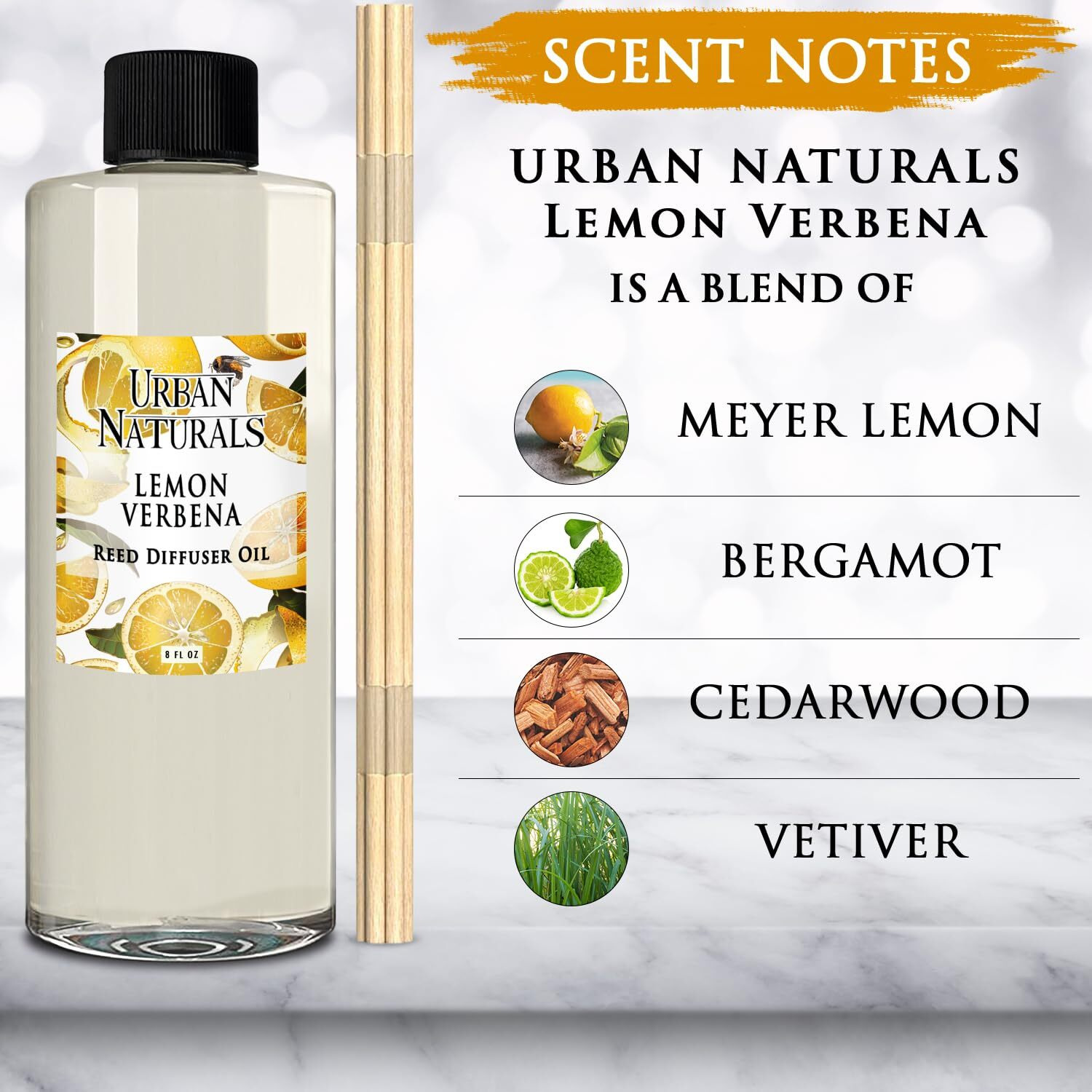 Urban Naturals Reed Diffuser Oil Refill Lemon Verbena With Lemon Zest, Bergamot, Vetiver, Cedarwood 8 Oz + Free Reed Sticks, Made In The Usa
