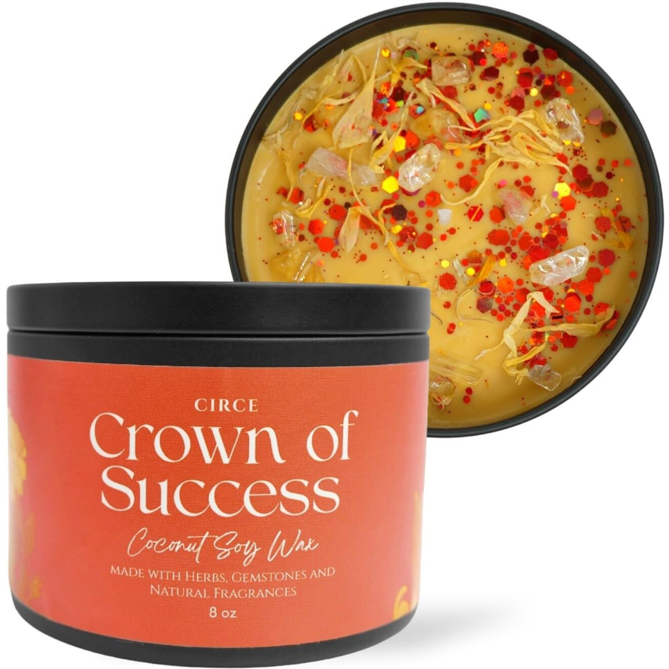Circe Spell Candle Crown Of Success    Coconut Soy Wax Candle Jar - Premium Hand Poured & Long Burning - Herbs, Crystals & Natural Fragrance Oils - Attract Confidence & Abundance - Self Care, Gift- 8Oz