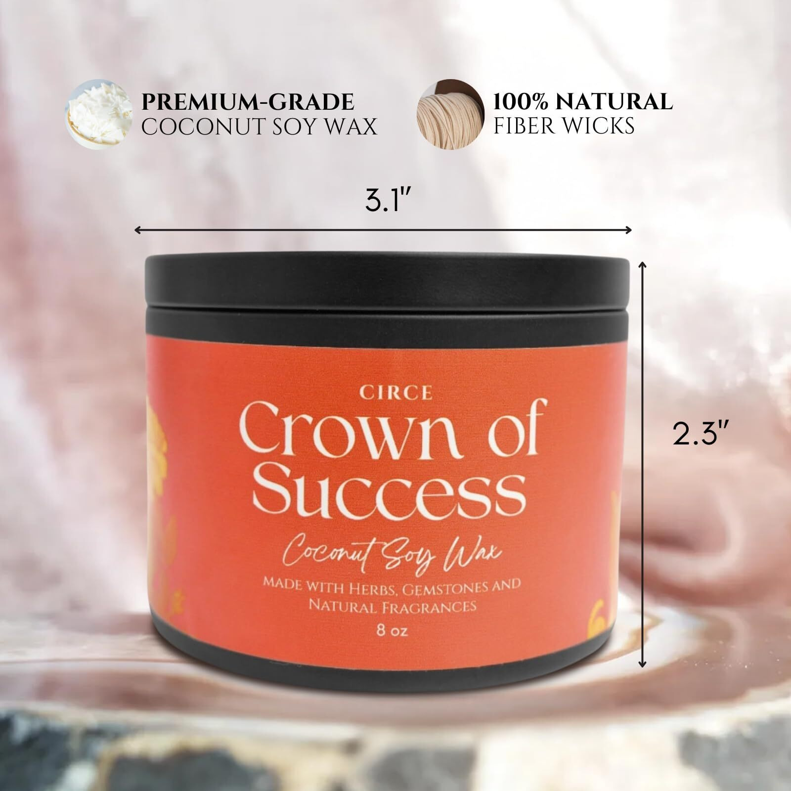 Circe Spell Candle Crown Of Success    Coconut Soy Wax Candle Jar - Premium Hand Poured & Long Burning - Herbs, Crystals & Natural Fragrance Oils - Attract Confidence & Abundance - Self Care, Gift- 8Oz