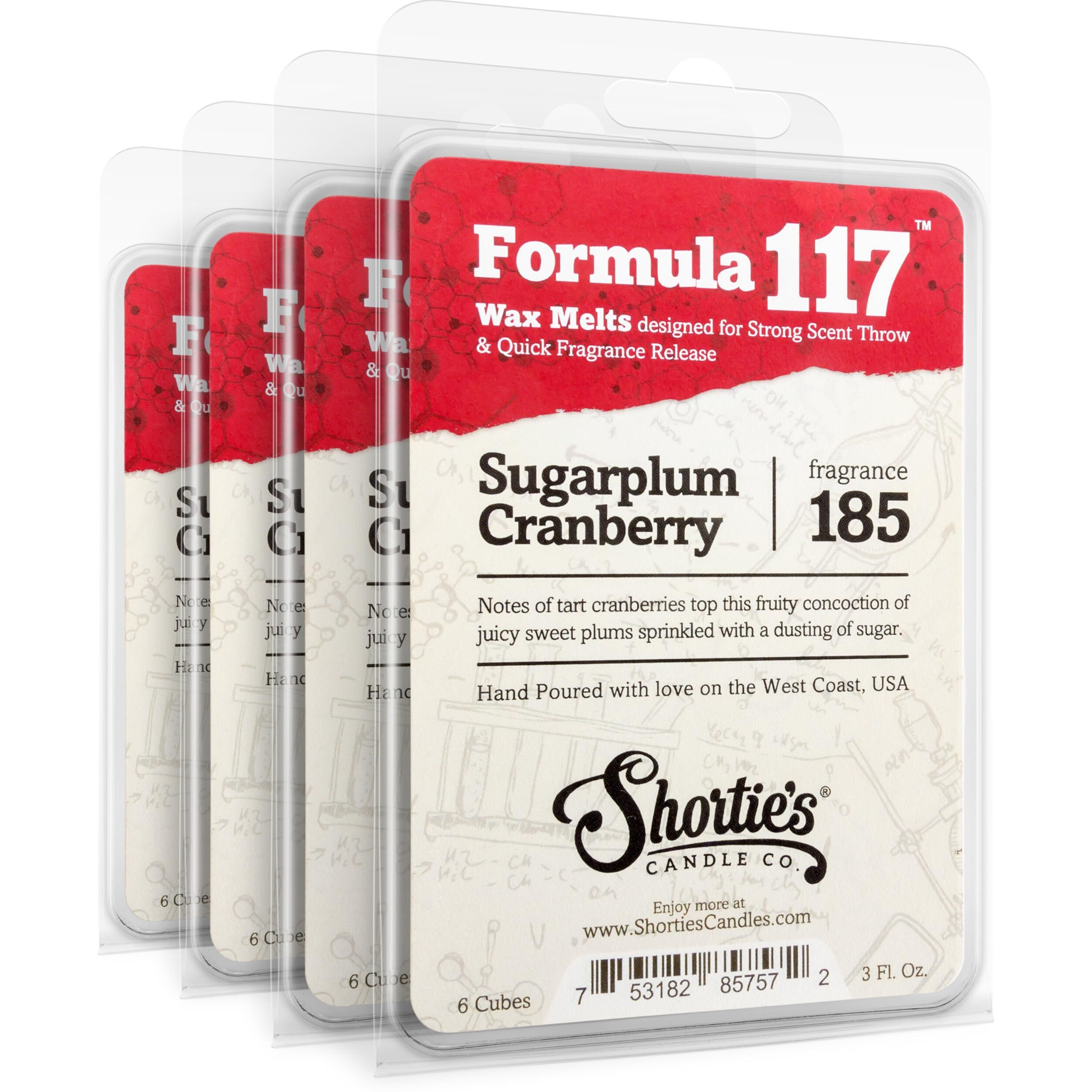 Shortie's Candle Company Sugarplum Cranberry Wax Melts Bulk Pack - Formula 117-4 Highly Scented 3 Oz. Bars (12 Oz. Total) - Made With Natural Oils - Christmas & Holiday Air Freshener Cubes Collection