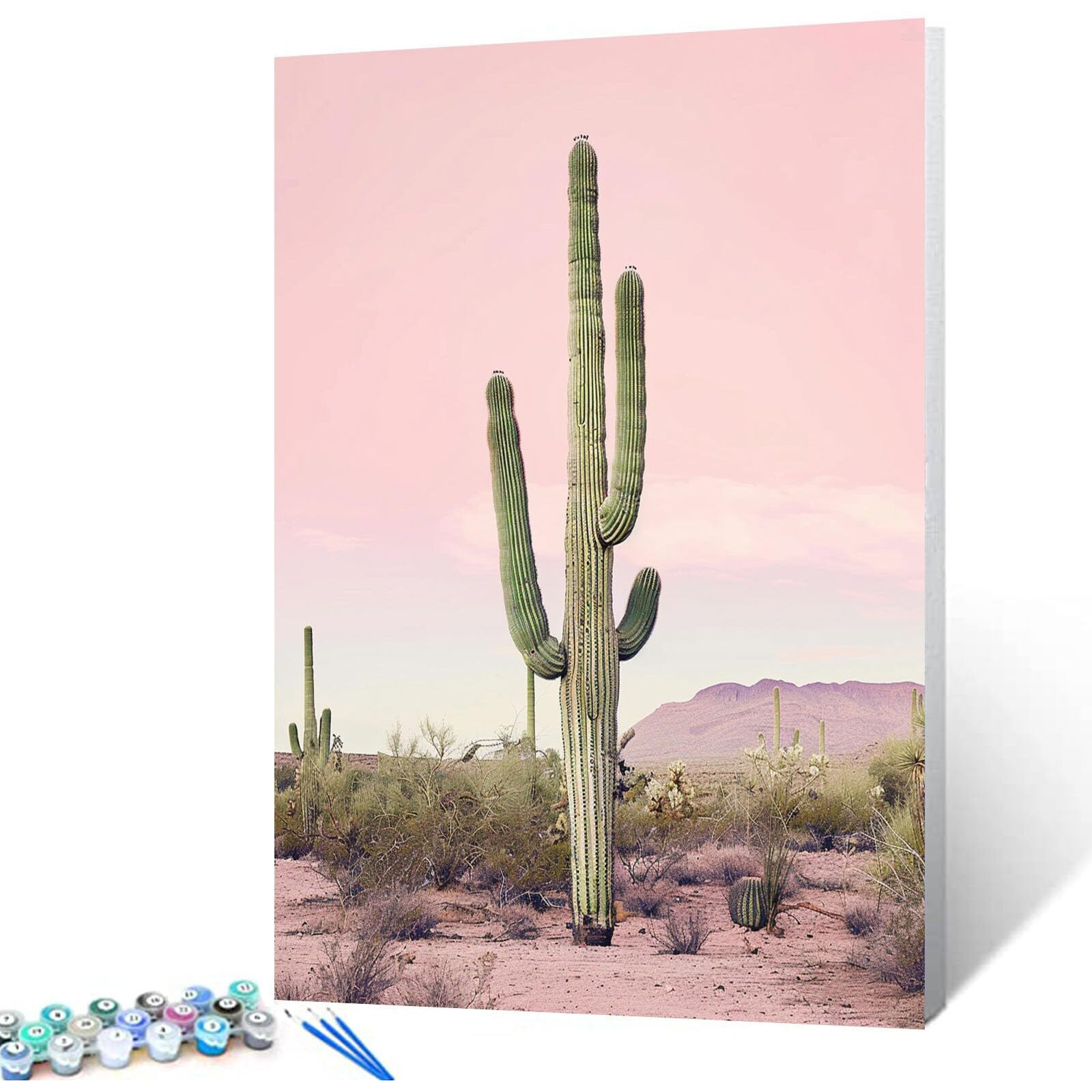 Tucocoo Saguaro Cactus Paint By Number For Adults, Pink Sky Easy Diy Oil Painting Kits On Canvas With Brushes And Acrylic Pigment, Arizona Desert Landscape Picture For Home Decor 16X20 Inch Frameless