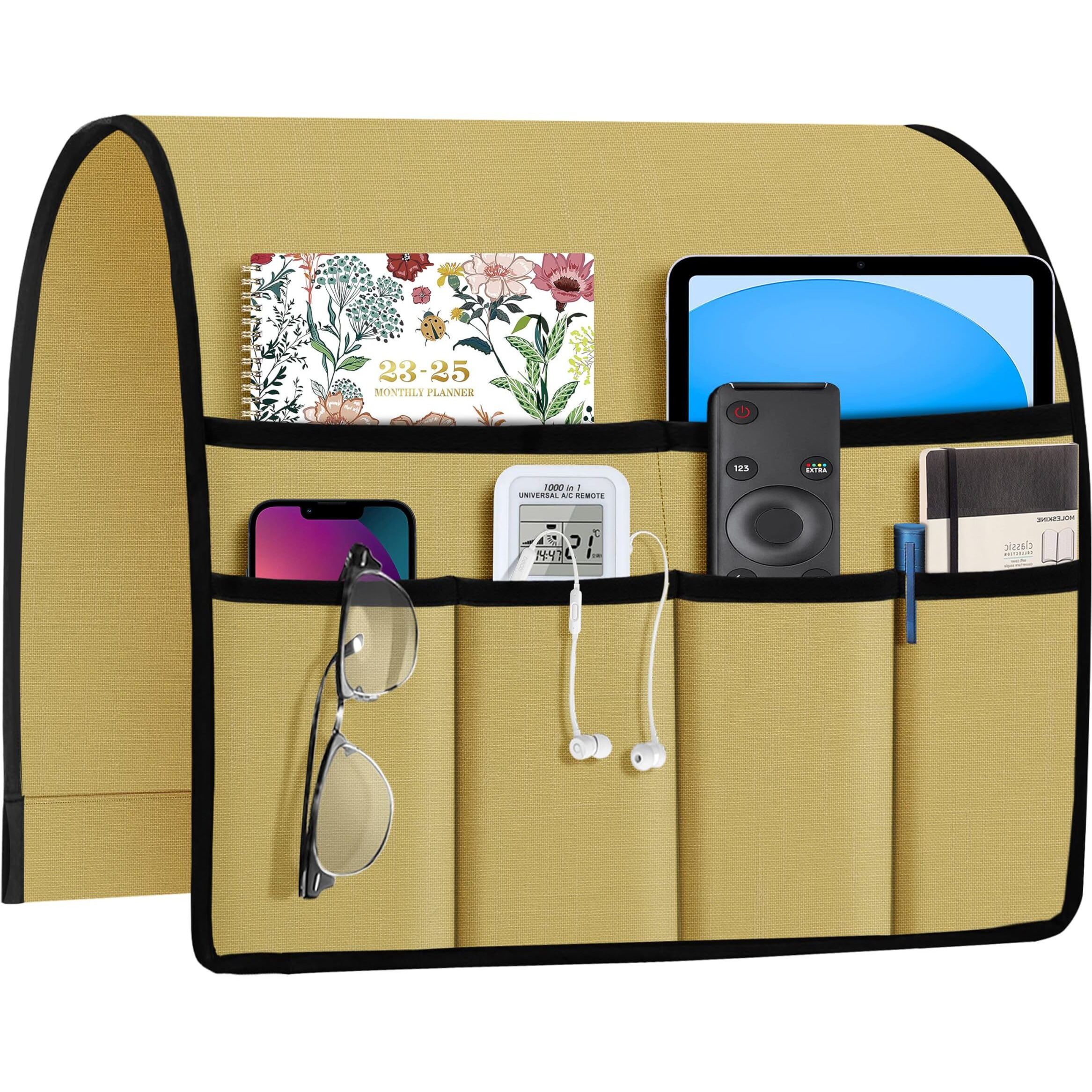 Joywell Remote Holder For Recliner Armchair Caddy Couch Armrest Non Slip Sofa Arm Chair Caddie With 6 Pocket For Magazine, Tablet, Phone, Ipad, Think Linen, Yellow