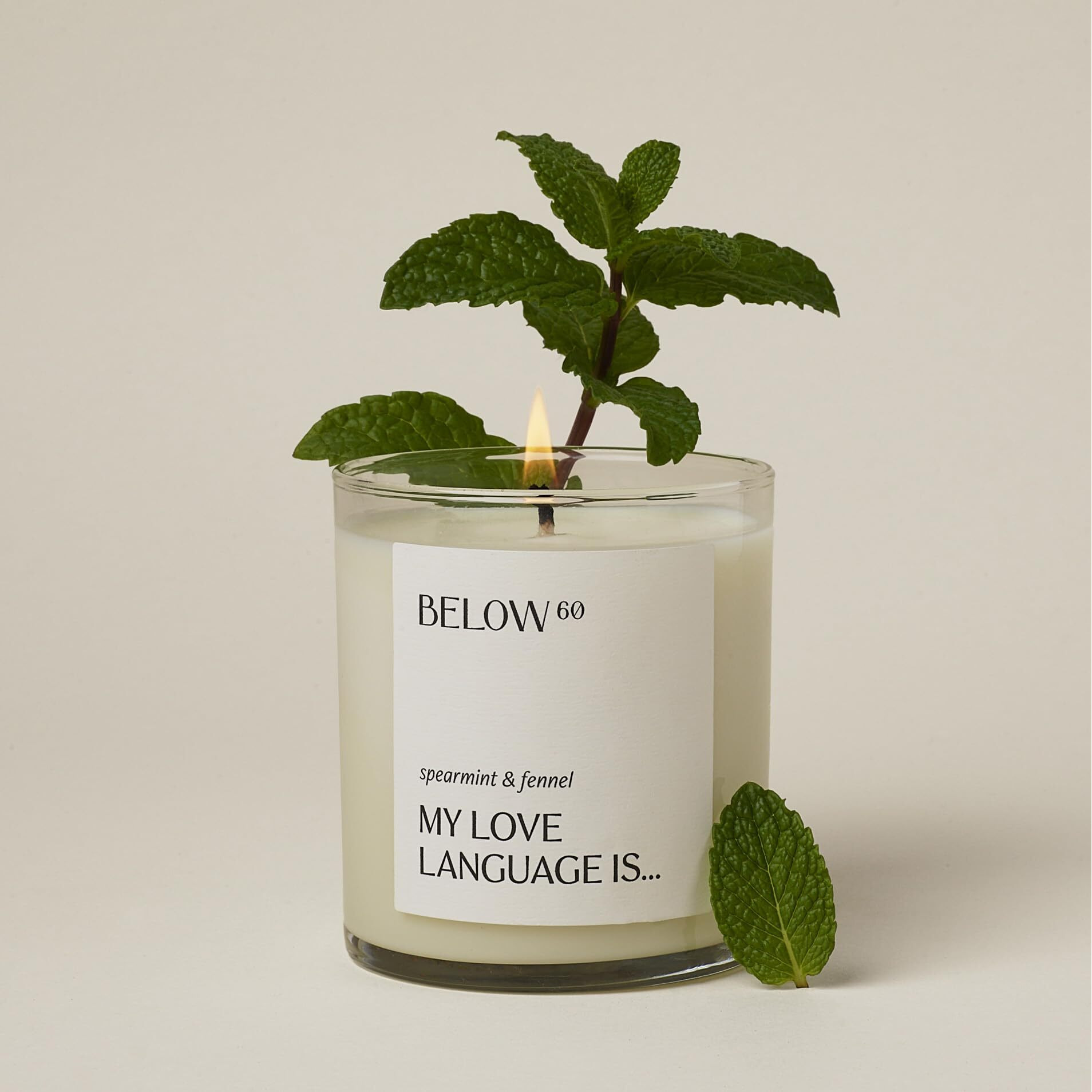 Below 60 Scented Candle - My Love Language Is - Essential Oil-Based Fragrance - Hand-Made With Paraffin-Free Soy Wax - 100% Cotton Wick - 50 Hr Burn Time - By Hilary Duff - Spearmint & Fennel (10Oz)