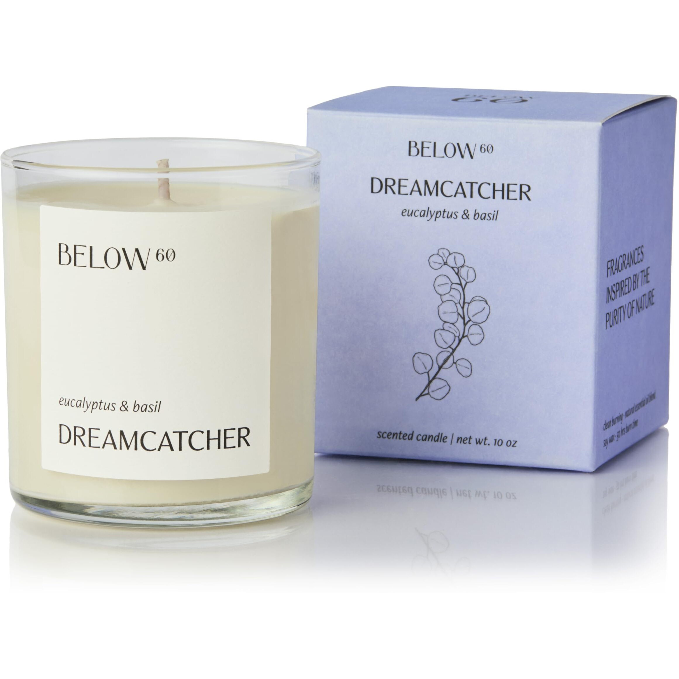 Below 60 Scented Candle - Dreamcatcher - Essential Oil-Based Fragrance - Hand-Made With Paraffin-Free Soy Wax - 100% Cotton Wick - 50 Hr Burn Time - Founded By Hilary Duff - Eucalyptus & Basil (10Oz)