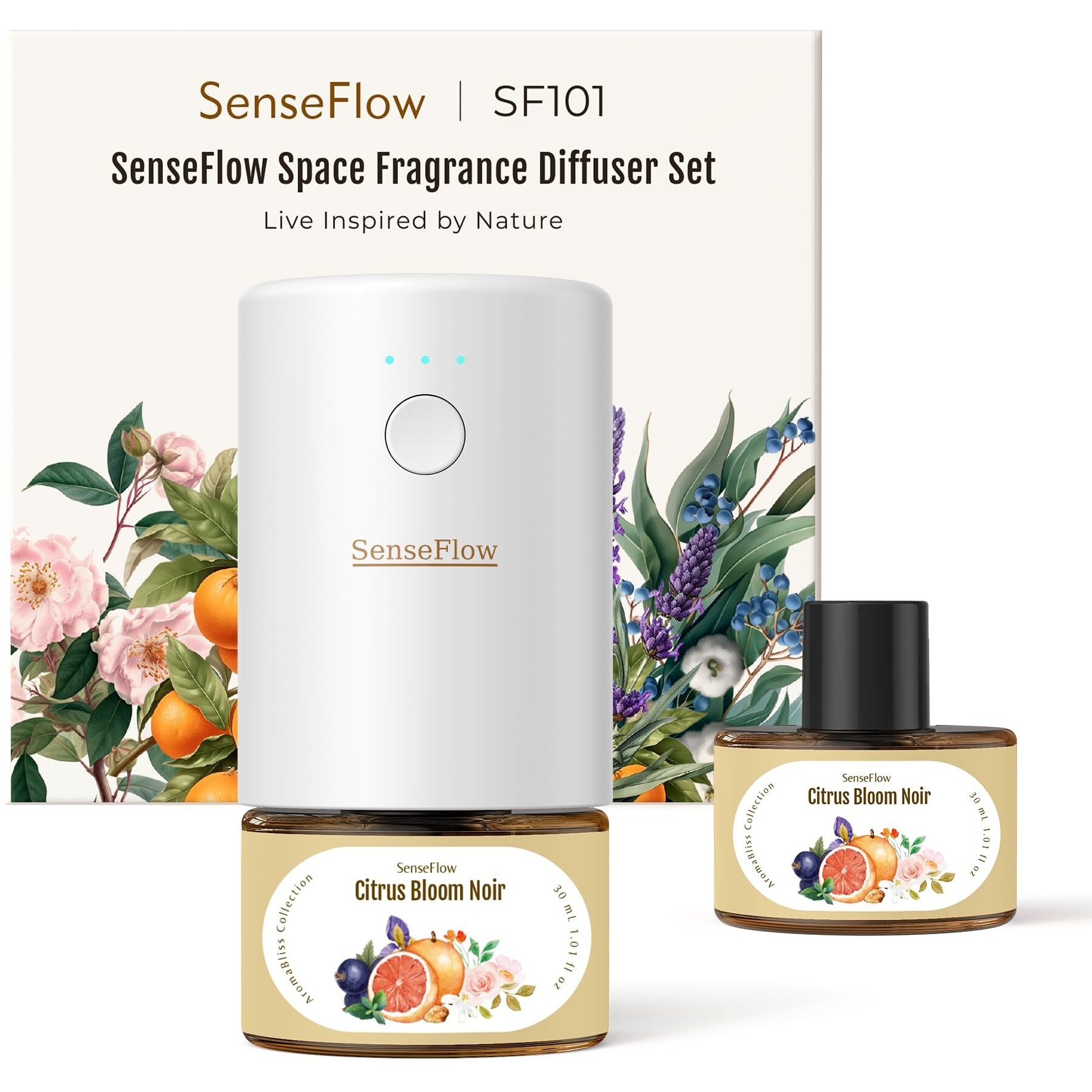 Senseflow Sf101 Waterless Ultrasonic Essential Oil Diffuser-100% Plant-Based,120-Day Natural Air Freshener & Aromatherapy Diffuser For Home,Hotel,Studio-Covers Up To 100-Citrus Bloom Noir