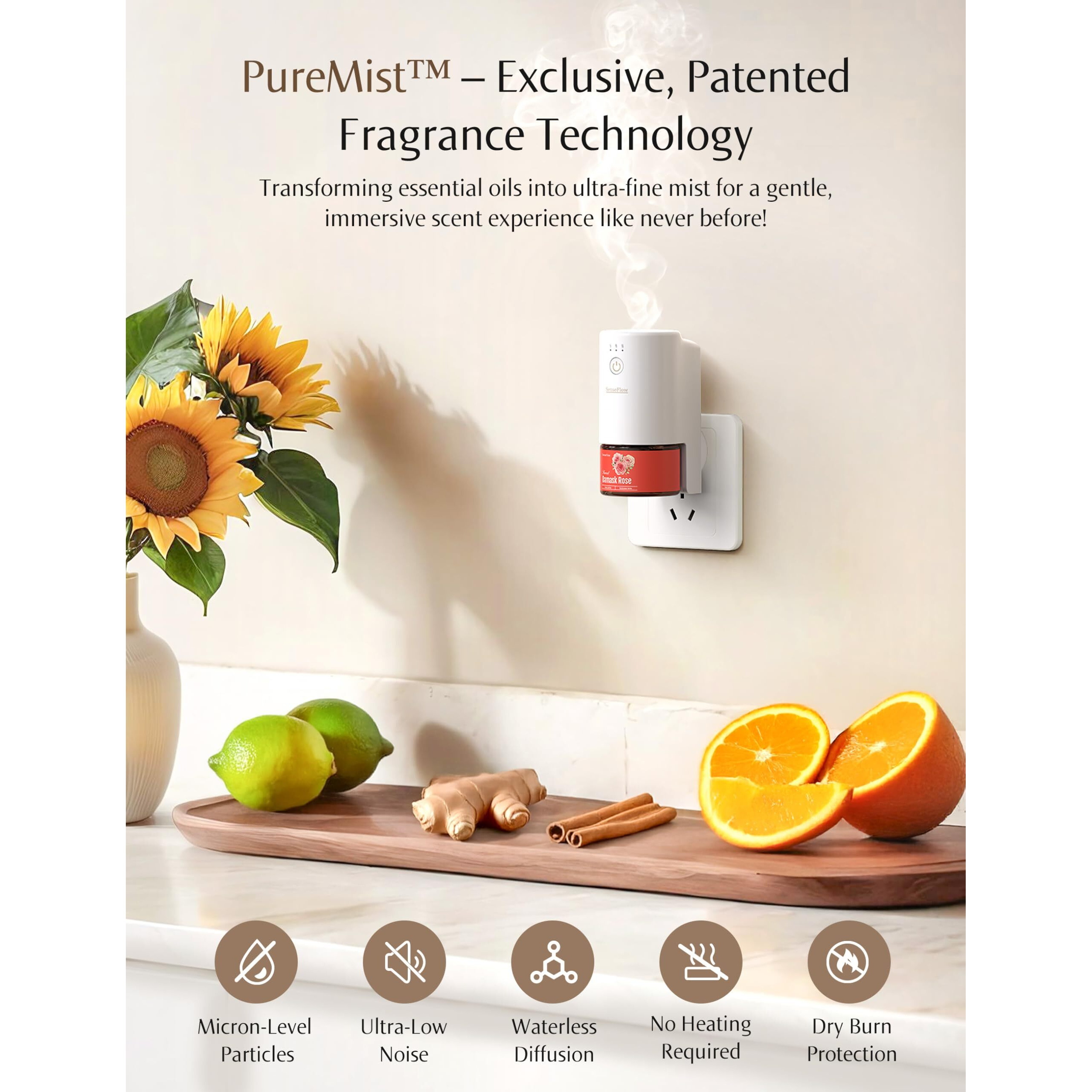 Senseflow Sf101 Waterless Ultrasonic Essential Oil Diffuser-100% Plant-Based,120-Day Natural Air Freshener & Aromatherapy Diffuser For Home,Hotel,Studio-Covers Up To 100-Citrus Bloom Noir