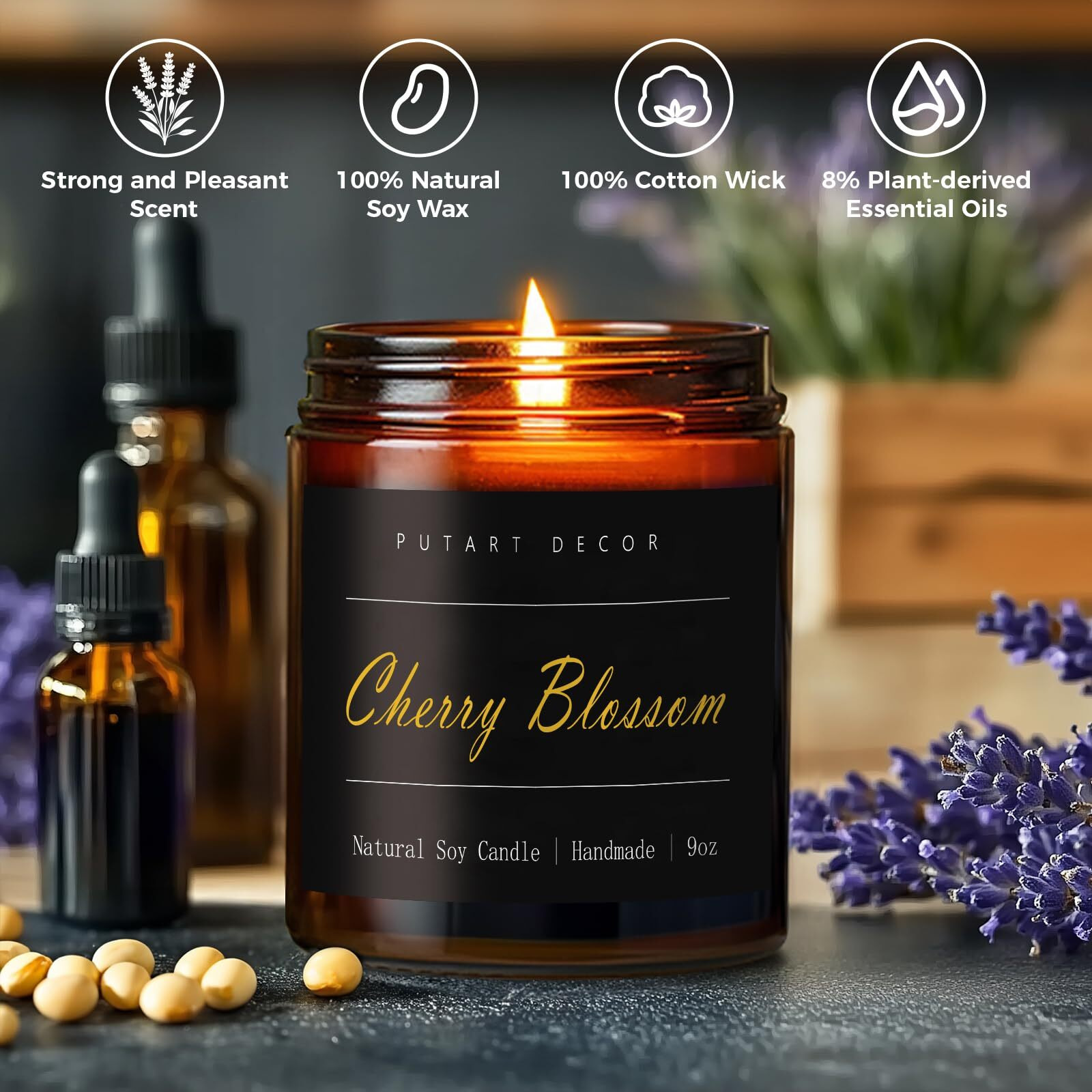 Putart Cherry Blossom Highly Scented Candle For Home, 9Oz Natural Soy Aromatherapy Non Toxic Candles With Essential Oil, Home Fragrance Stress Relief & Meditation Jar Candles Gifts For Women & Men