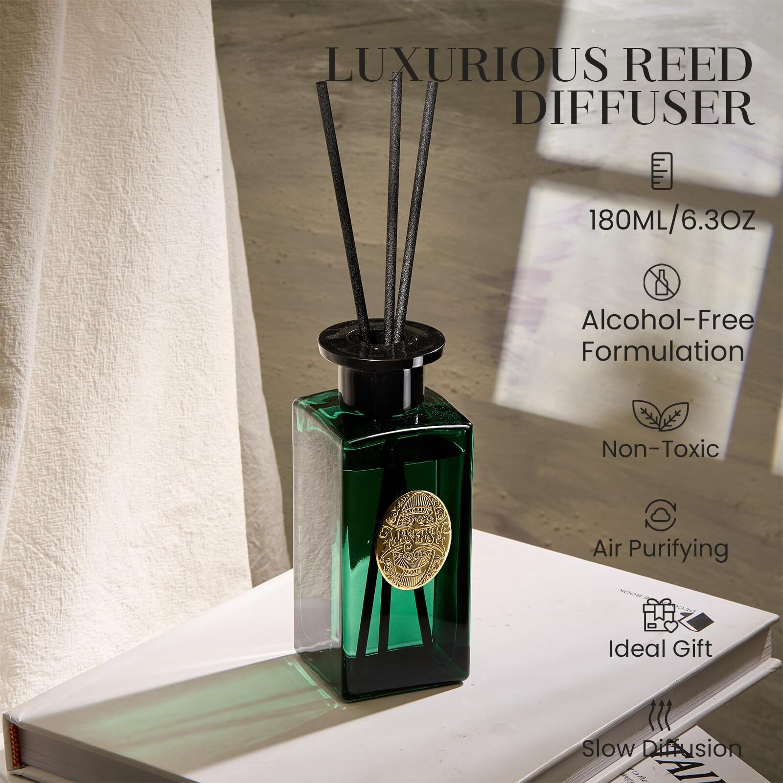 M&Sense 6.9 Oz Large Reed Diffuser Set | Evergreen Pine Scent Oil Diffuser With Sticks | Hotel Collection Non-Toxic Essential Oil |For Bedroom Bathroom Living Room