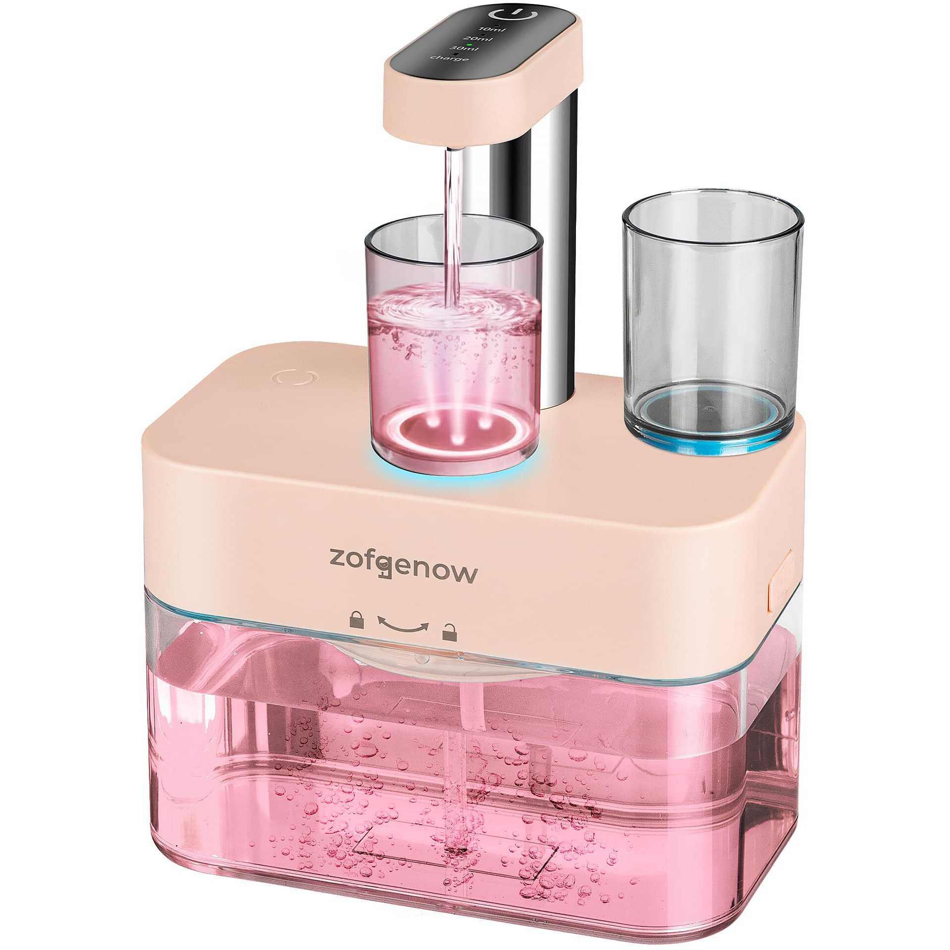 Zofgenow Upgraded Automatic Mouthwash Dispenser For Bathroom,Bathroom Accessories 17.6 Floz Dispensers With Magnetic Cups,Adjustable Dispensing Levels, Pink