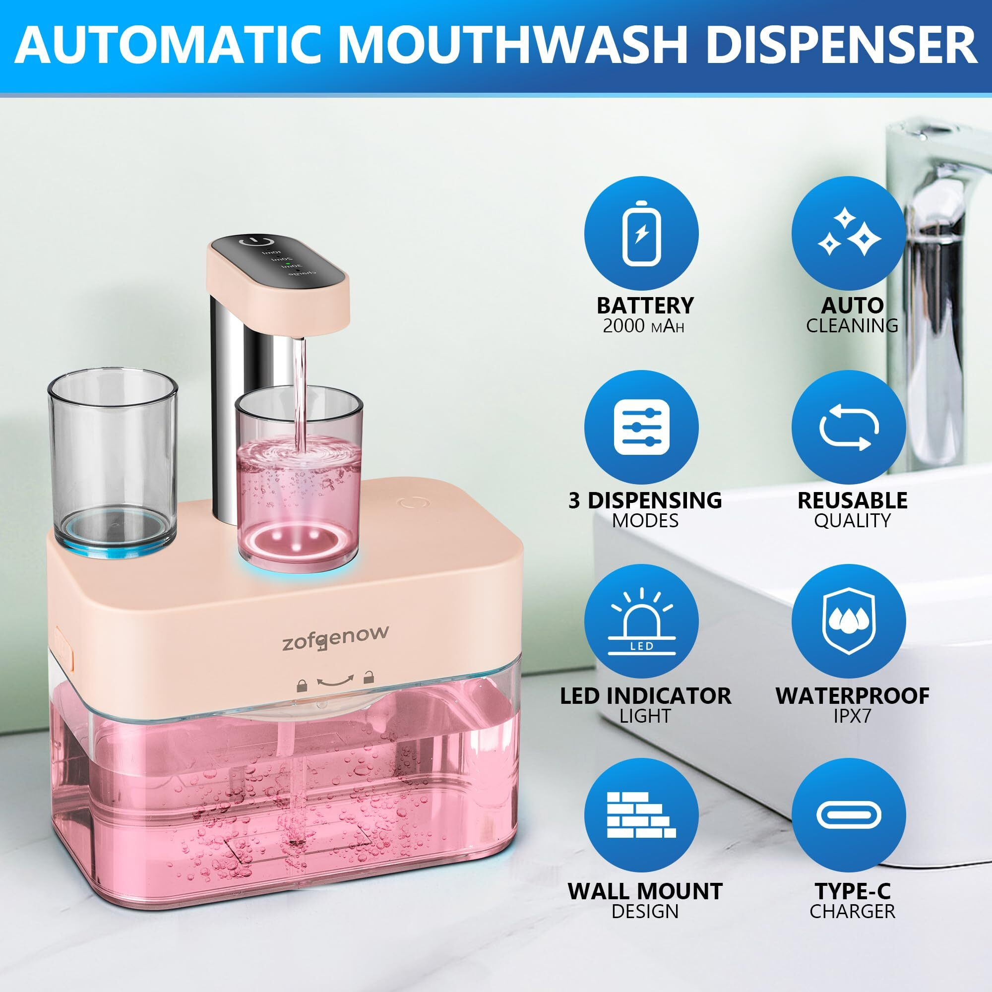 Zofgenow Upgraded Automatic Mouthwash Dispenser For Bathroom,Bathroom Accessories 17.6 Floz Dispensers With Magnetic Cups,Adjustable Dispensing Levels, Pink