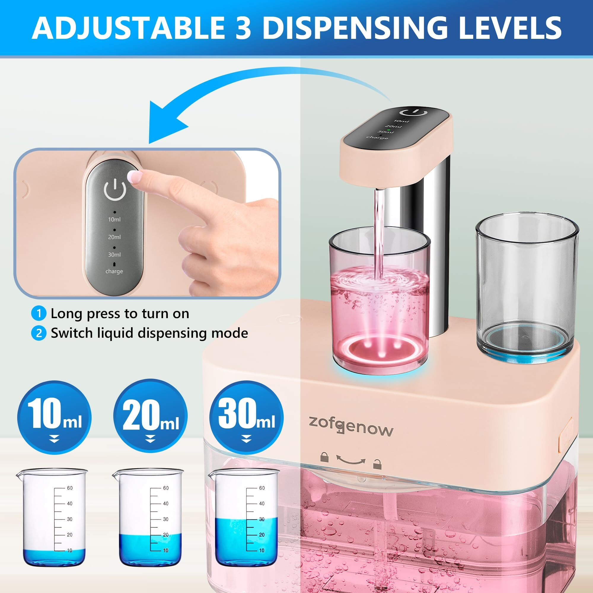 Zofgenow Upgraded Automatic Mouthwash Dispenser For Bathroom,Bathroom Accessories 17.6 Floz Dispensers With Magnetic Cups,Adjustable Dispensing Levels, Pink