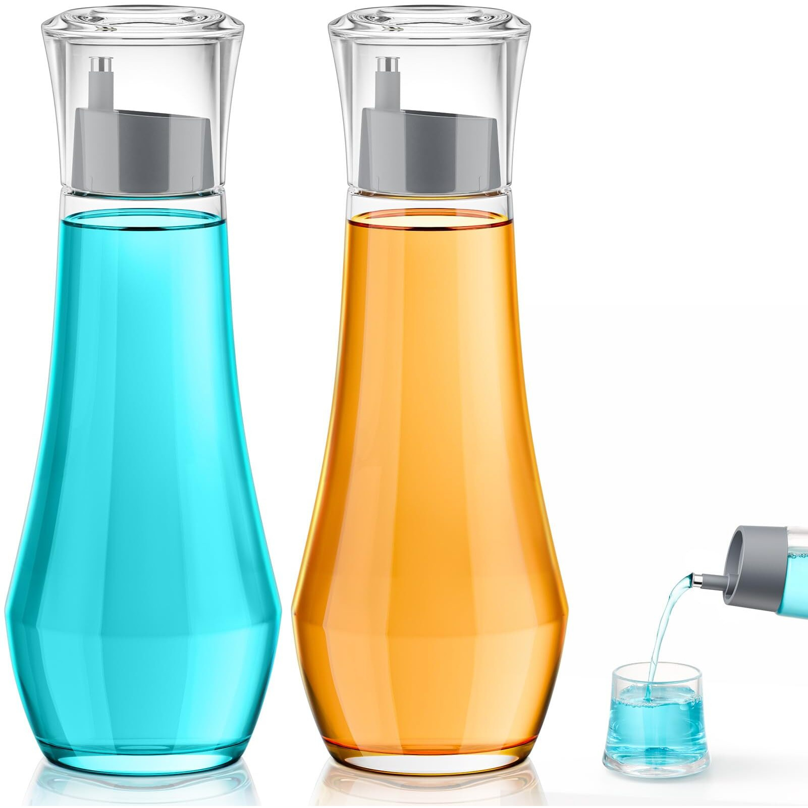Vitviti Glass Mouthwash Dispenser For Bathroom, 8.8Oz Mouth Wash Container Bottle With Lid Cup, Small Clear Refillable Mouthwash Dispenser Decanter For Countertop, Set Of 2, Gray
