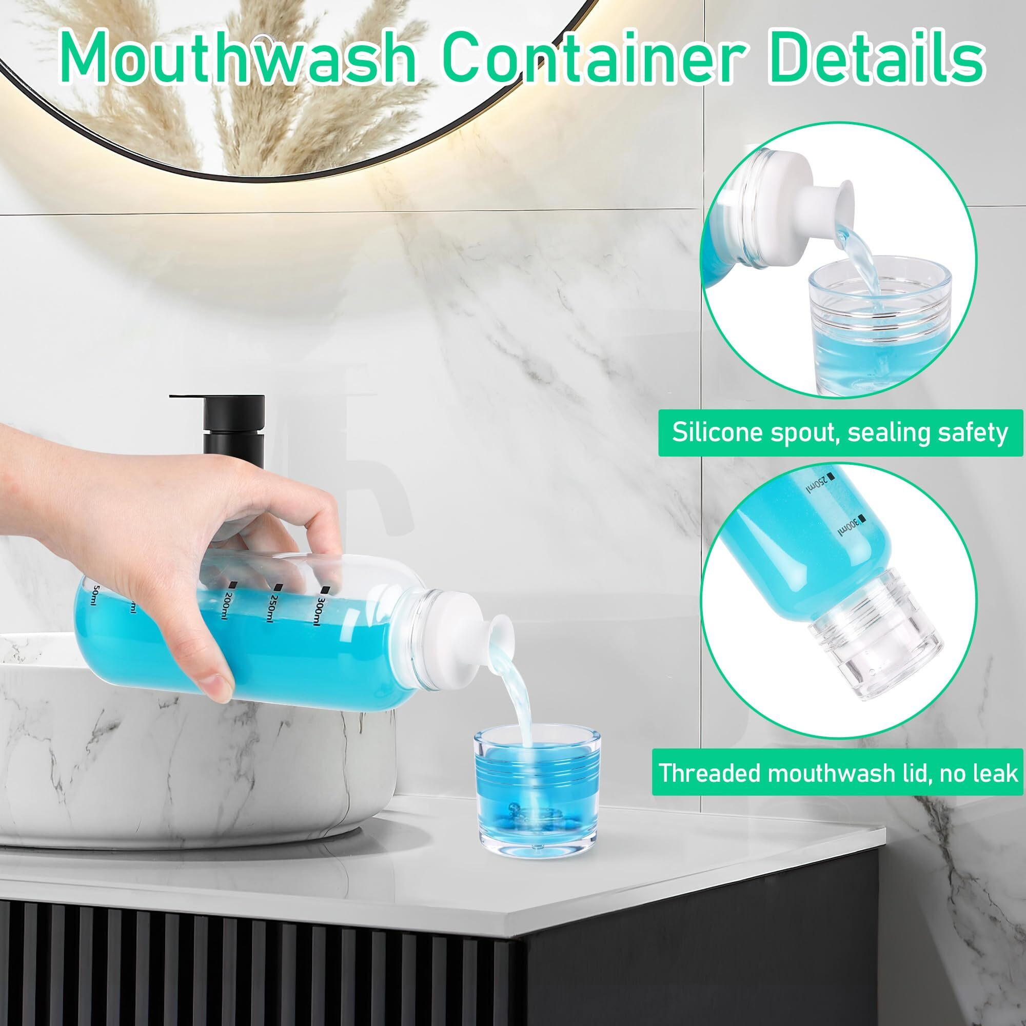 Mytium Glass Mouthwash Dispenser For Bathroom - 10 Oz Mouth Wash Dispensers With Lid Cup, Refillable Mouthwash Bottle Countertop Bathroom Accessories