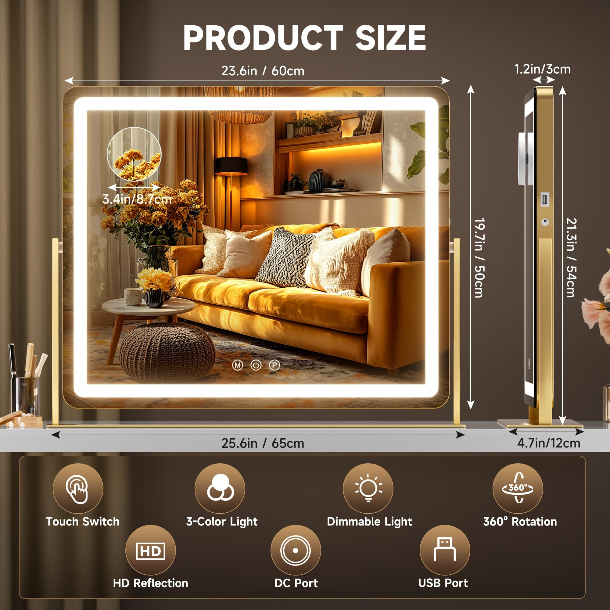 Hasipu Vanity Mirror With Lights, 25"" X 21"" Led Makeup Mirror, Light Up Mirror With 10X Magnification And Phone Holder, Usb Charging Port, Smart Touch 3 Colors Dimmable, 360 Rotation (Gold)