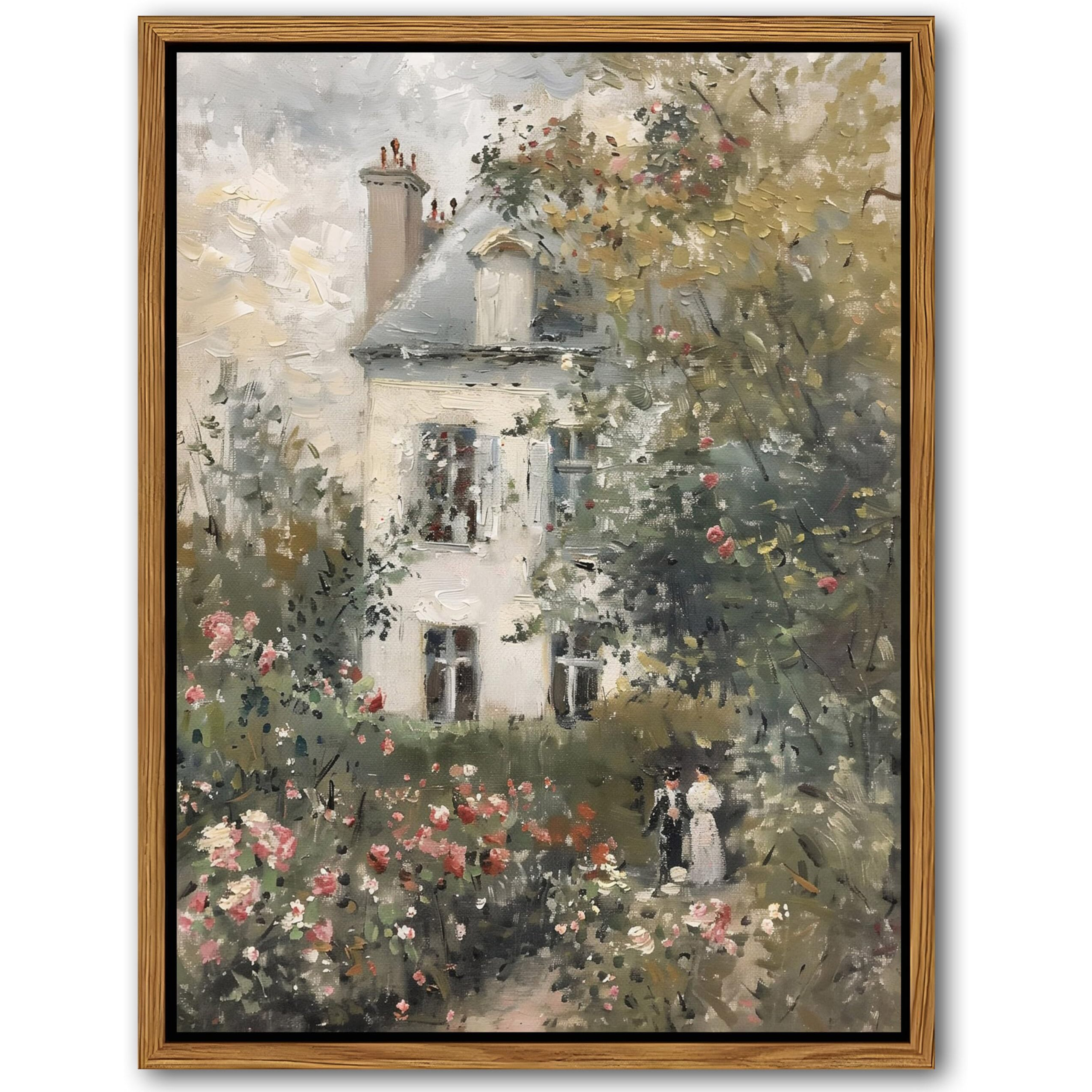 Floating Framed Canvas Vintage Wall Art, Neutral English Cottage Rose Garden Oil Paintings Print, Spring Pictures Wall Decor For Living Room Hallway Bedroom Office Rustic Decor 16X24 Inch
