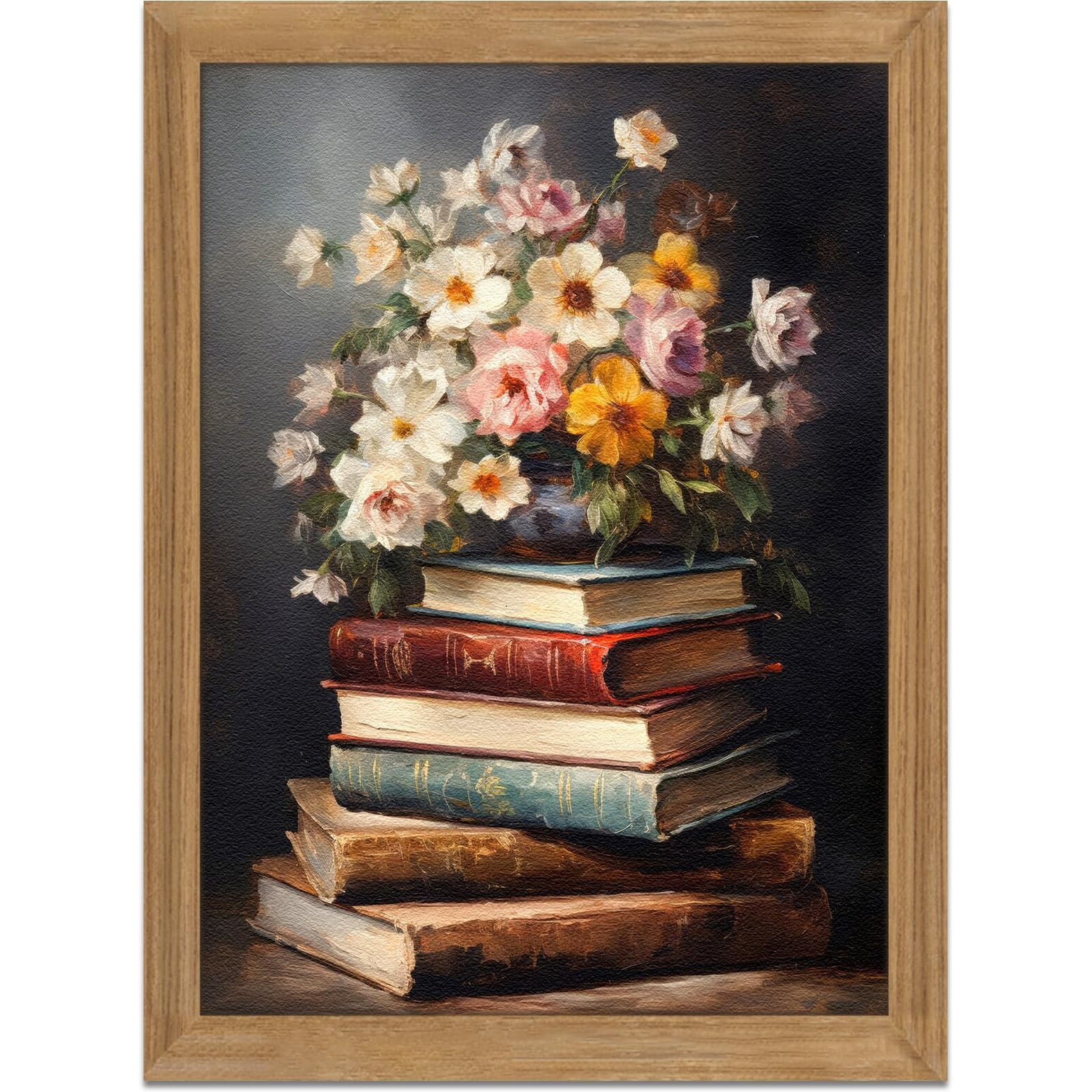 Framed Vintage Floral Wall Art - 3D Textured Flowers Books Sandstone Hand Drawn Art Oil Painting - Minimalist Botanical Wall Decor For Bedroom Living Room Office Decor 16X24In