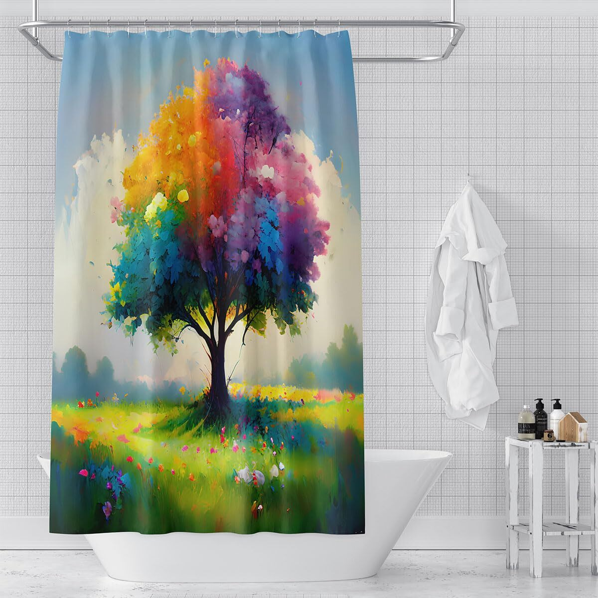 Dds-Dudes Oil Painting Tree Shower Curtain Colored Seasons Shower Curtain For Bathroom Spring Tree Fabric Decor Waterproof Curtains With 12Pcs Hooks 71 X 71 Inch