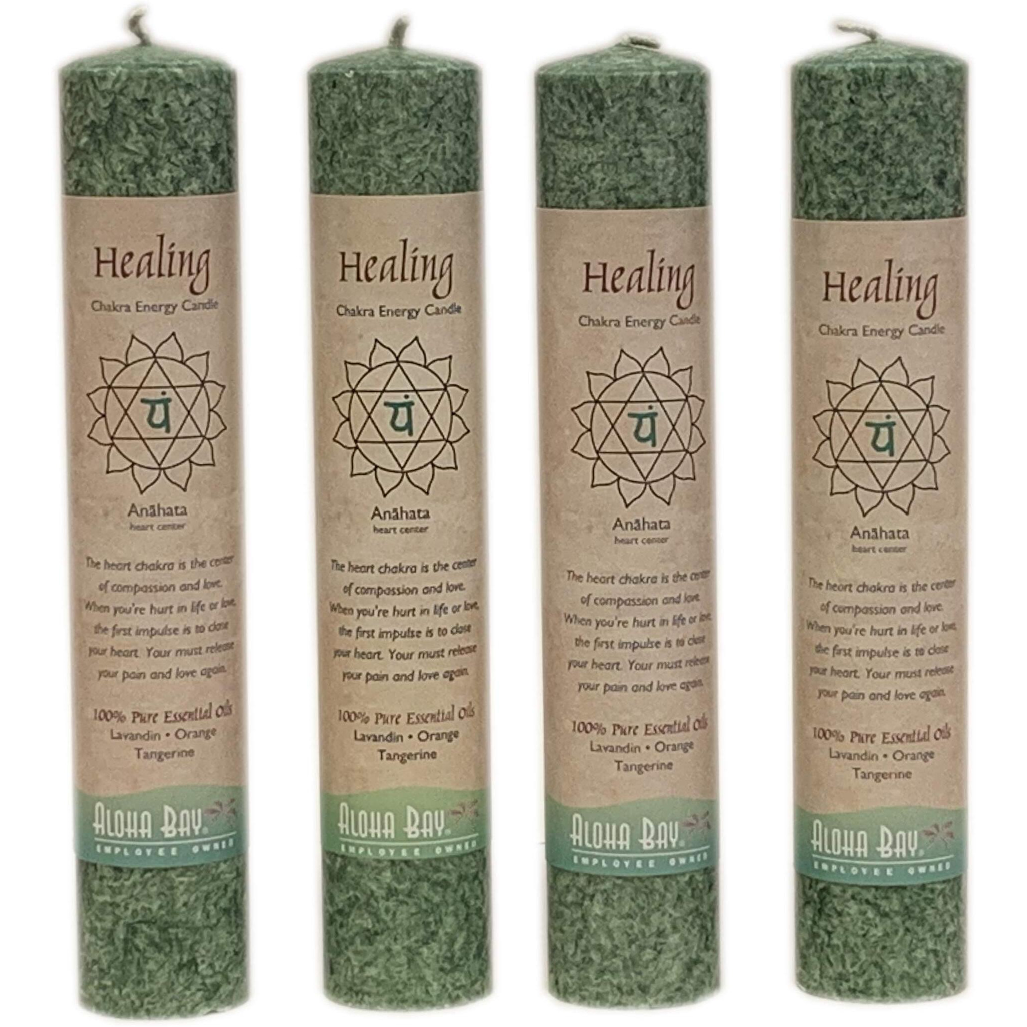 Premium Scented Candle Hand Made Chakra Energy Pillar | 4-Pack | Healing, Anahata | Yoga, Prayer & Meditation Candle | Long Burn 15 Hours | Essential Oils Of Lavandin, Orange & Tangerine | Aloha Bay