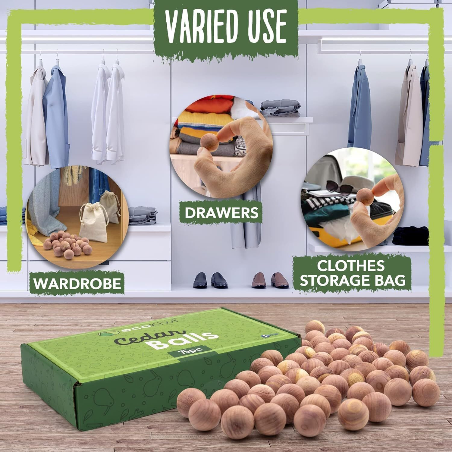 Ecokiwi Cedar Balls For Clothes Storage 75 Pack - 100% Natural Red Cedar Blocks For Clothes Storage - Aromatic Cedar Chips For Closets & Drawers - Cedarwood Oil Planks With Sandpaper & 3 Cotton Bags