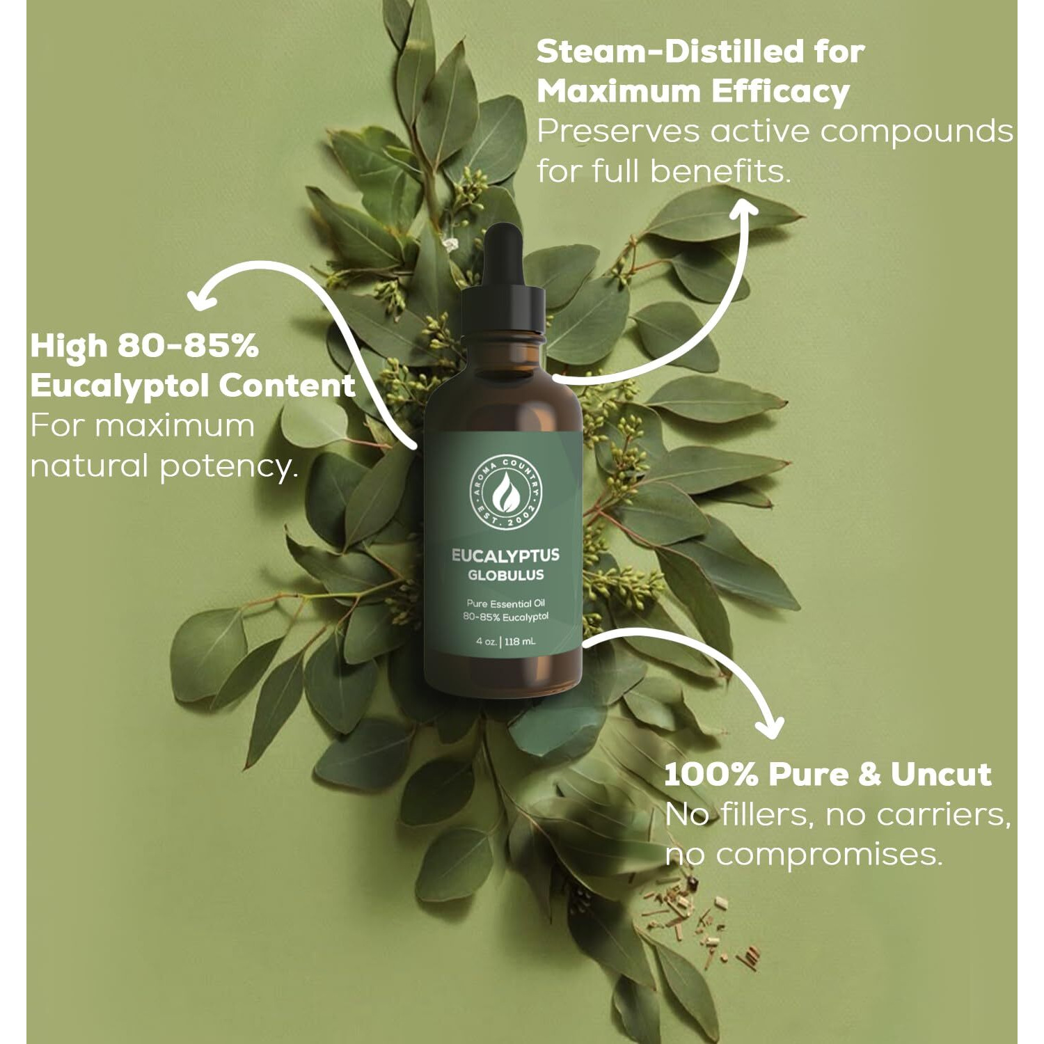 Aroma Country 100% Pure Eucalyptus Essential Oil - Organic & Undiluted Diffuser Oil, Humidifier, Steam Room & Shower Aromatherapy - Natural, Therapeutic Grade Oil For Skin, Sauna, & Home (4 Fl. Oz)