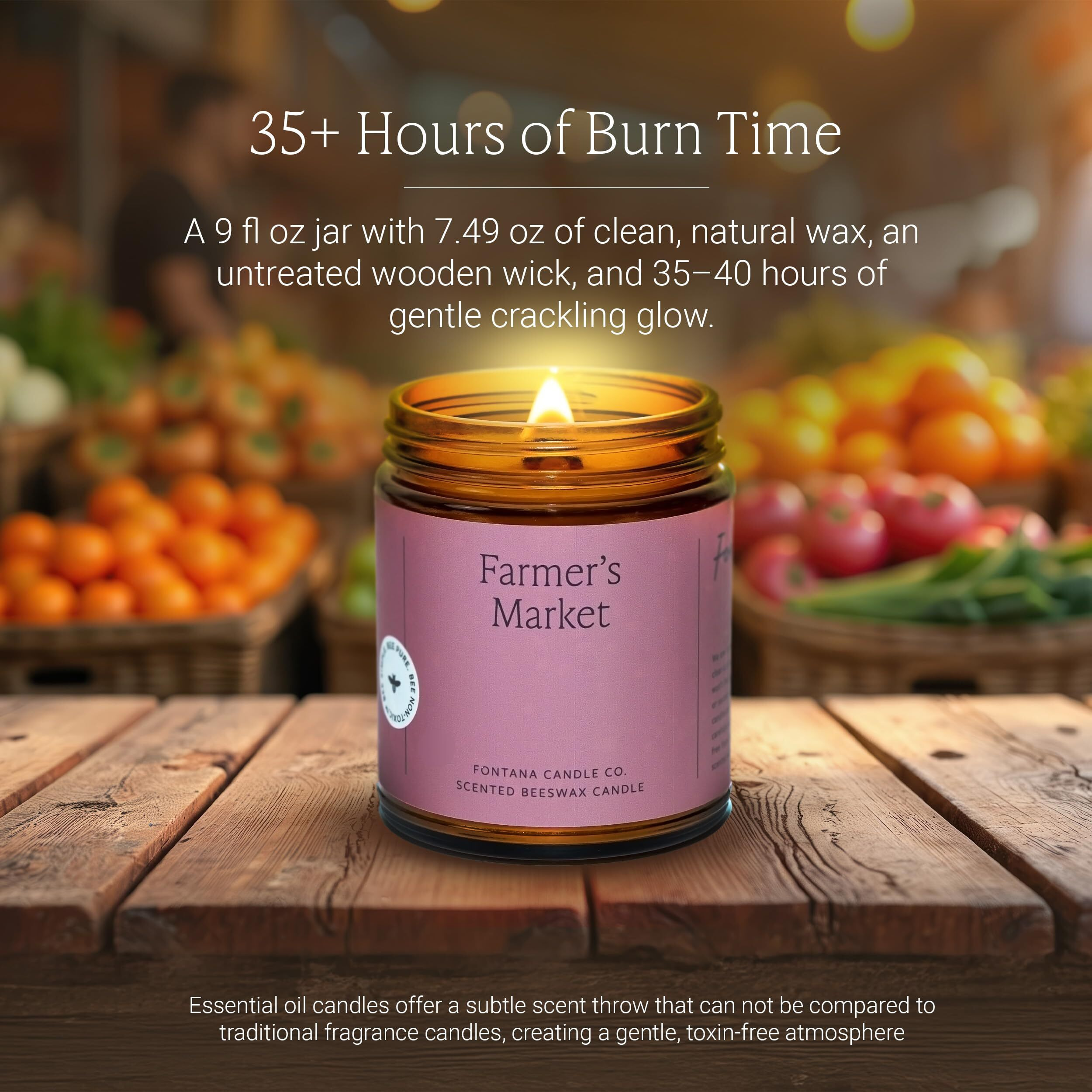 Fontana Candle Company - Farmer's Market Jar Candle | Lightly Scented Candle | Made From Beeswax And Coconut Oil | Essential Oil | Wood Wick | Long Lasting | Clean Burning And Non Toxic